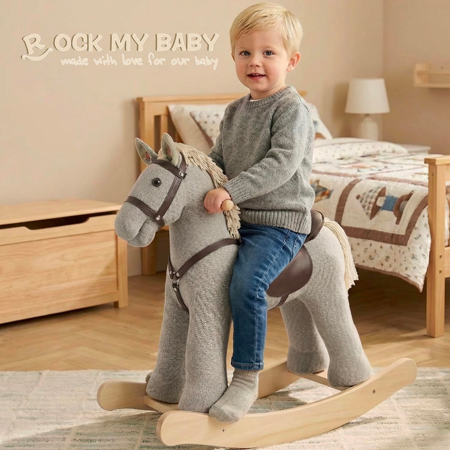 Rock My Baby Rocking Horse, Gray Wooden Rocking Toy, Rocking Animals for Children 2-6 Years Old, Ride on Pony with Realistic Sound, CPC Certified