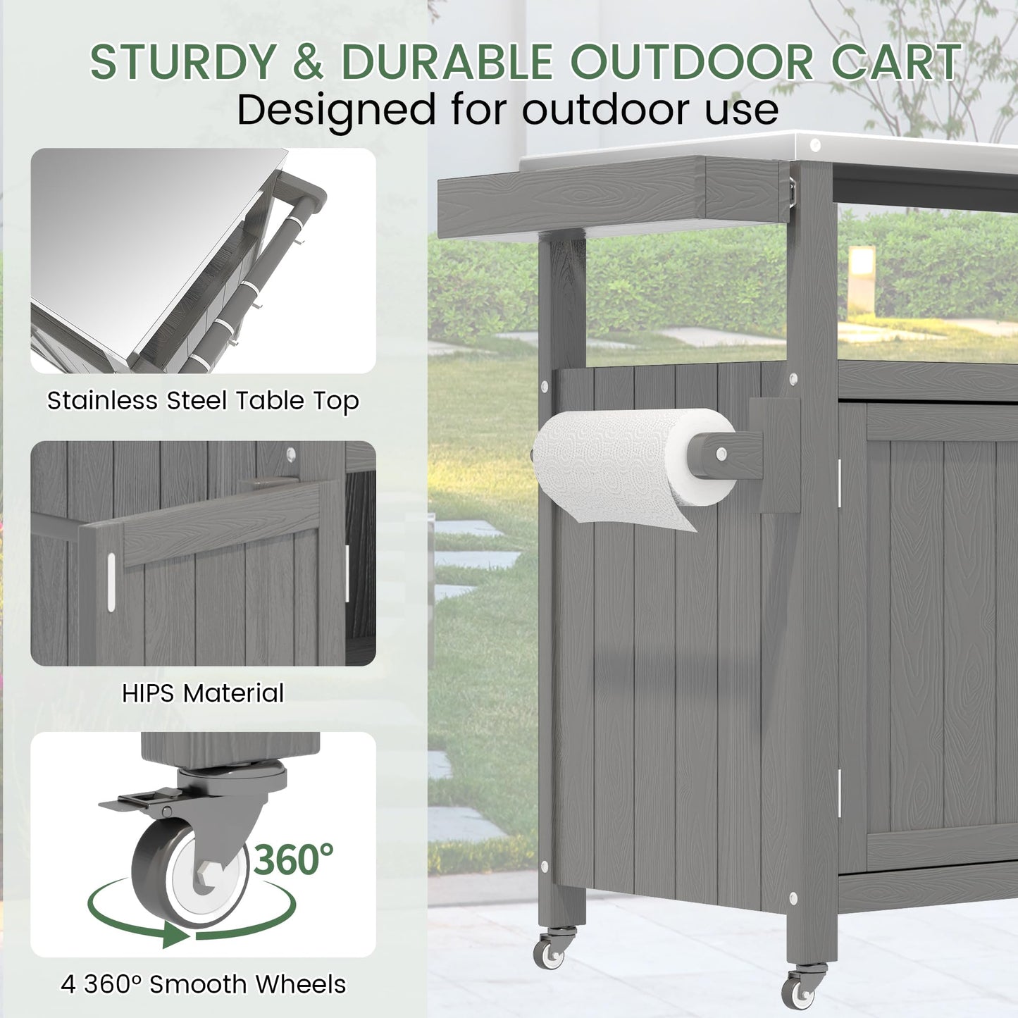 Sunnibety Weatherproof HIPS Outdoor Kitchen Island with Stainless Steel Top & Storage Cabinet, Movable Prep Table with Wheels for BBQ Food Prep, Outdoor Grill Cart for Parties, Grey