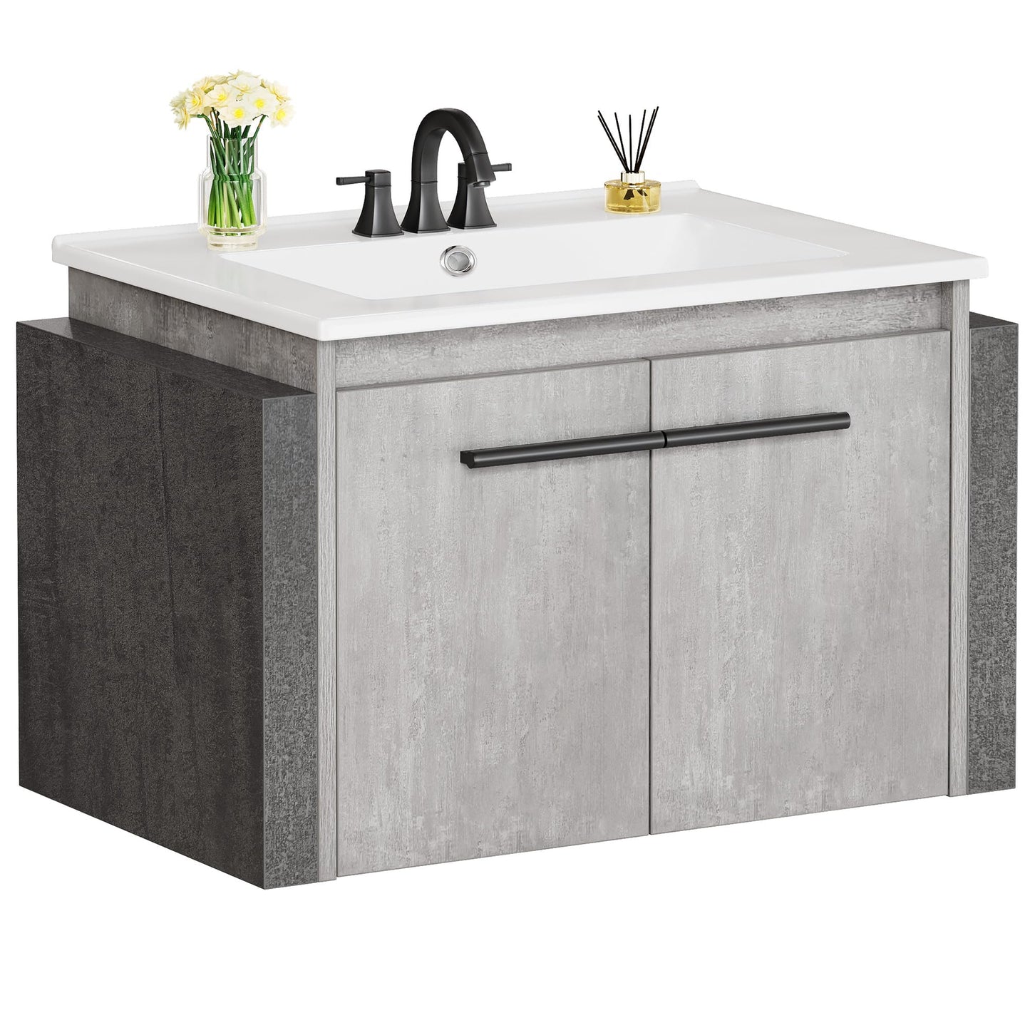 DWVO 24" Bathroom Vanity with Sink Combo, Wall Mounted Modern Bathroom Cabinet with Ceramic Sink, Large Storage Double Soft-Close Doors Cabinet Vanity, Grey