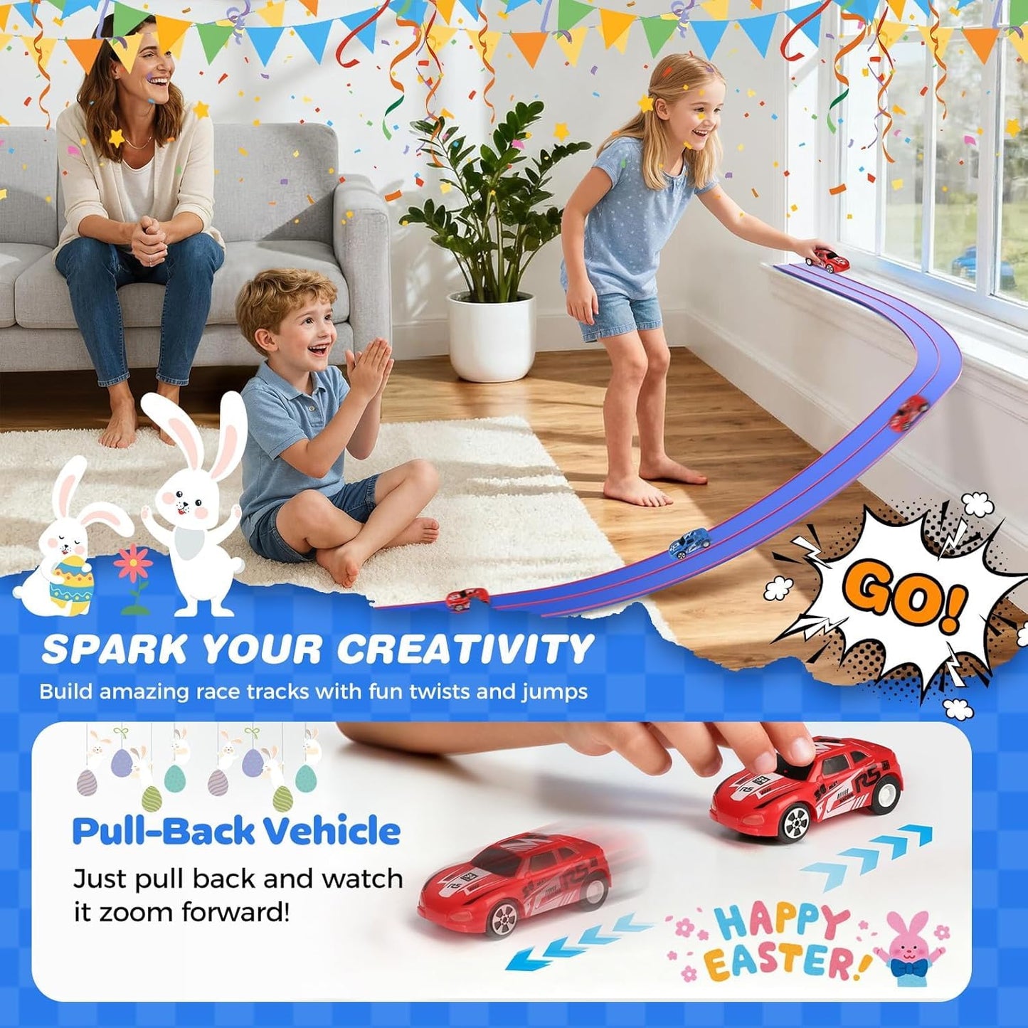 DKOXT 15 Ft Flexible Race Track for Kids, DIY Car Track Set with 2 Toy Cars & 3 Suction Cup Ramps, Easter Basket Stuffers for Teens & Boys Girls, Creative Easter Gifts for Kids, Blue & Red