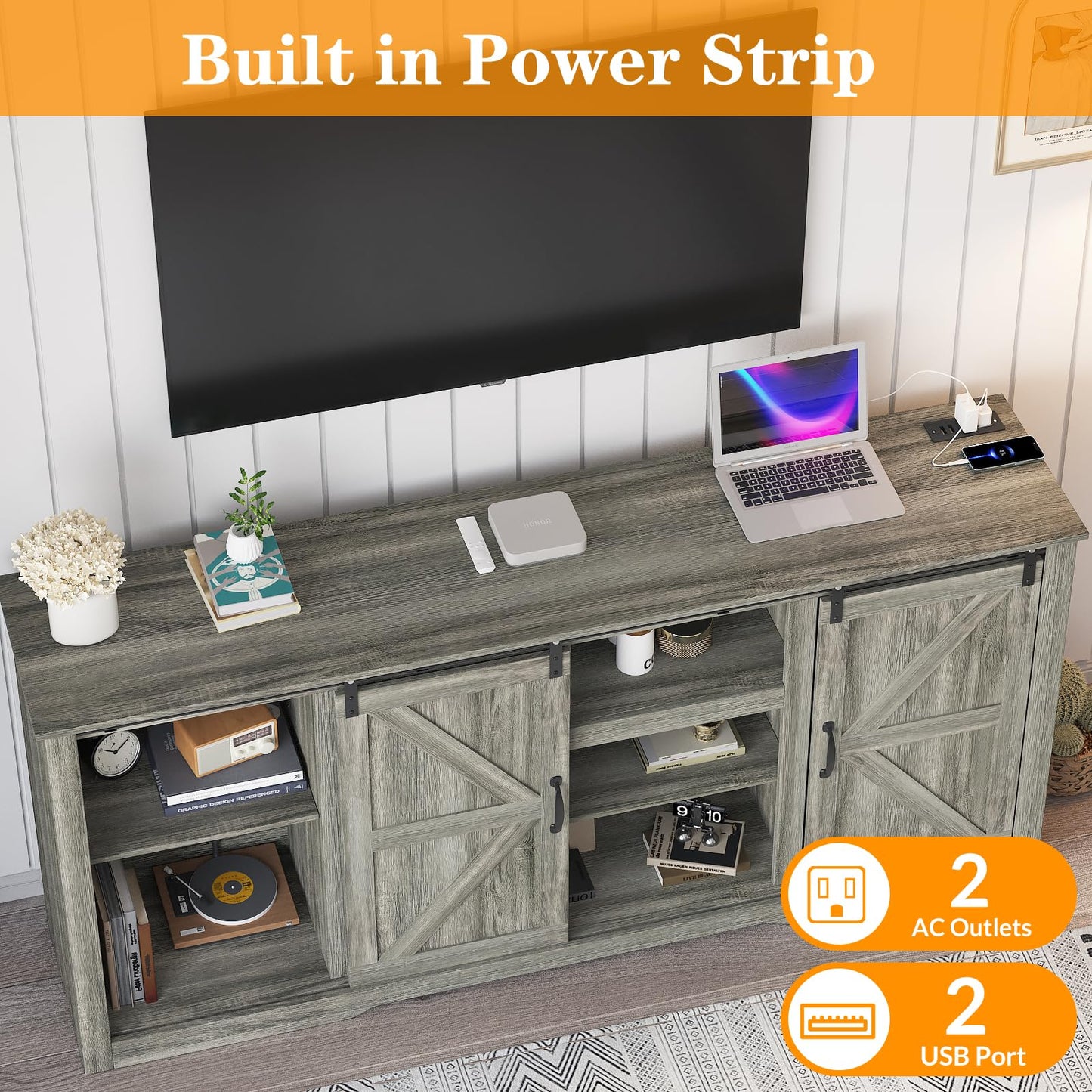 Garvee 70" Farmhouse TV Stands for 80" Television, Entertainment Center with Sliding Barn Door, Media TV Console Table with Storage & Adjustable Shelves for Living Room, Dark Grey