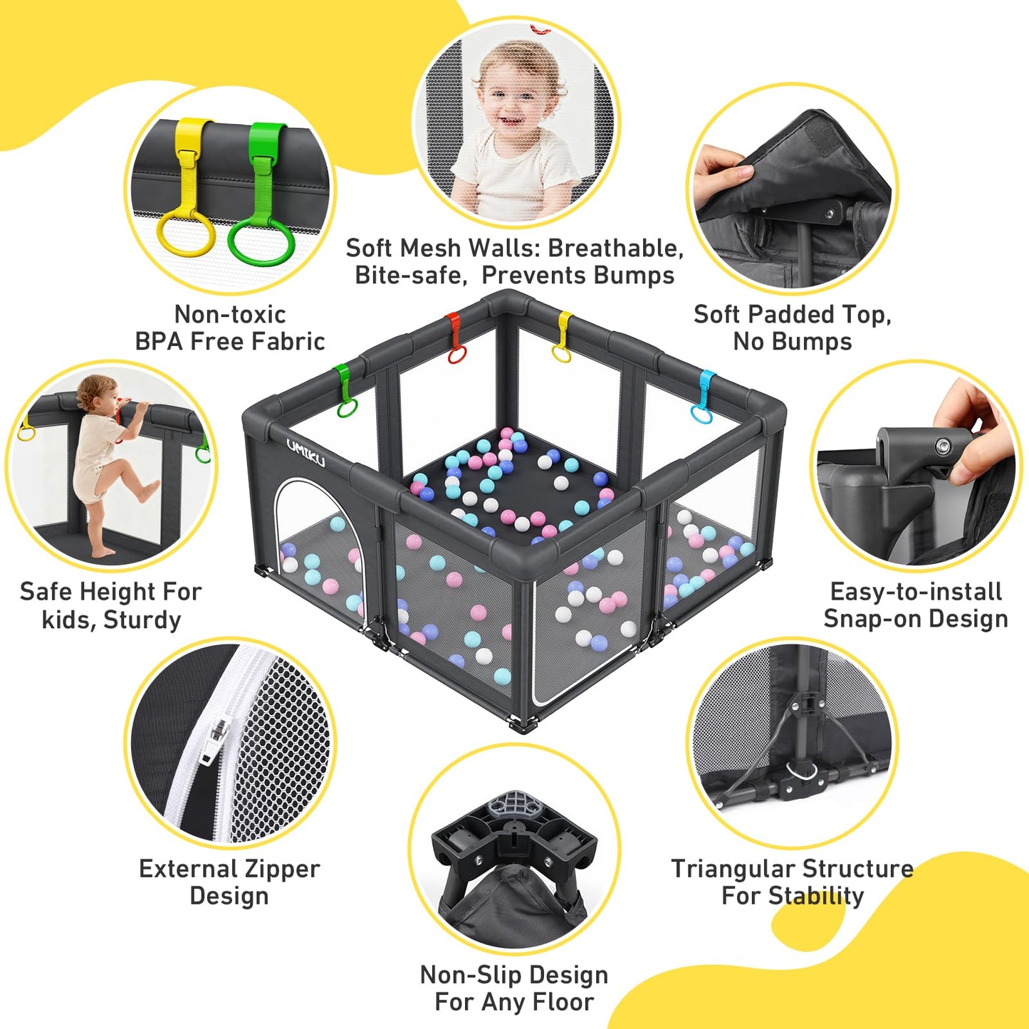 Baby Playpen Foldable Playpen for Babies and Toddlers, Large Playpens Portable Play Pen Play Yard for Kids Fence Indoor Outdoor Travel 4 Handlers 50 Balls Baby Gifts Essentials 50"X50" Dark Grey