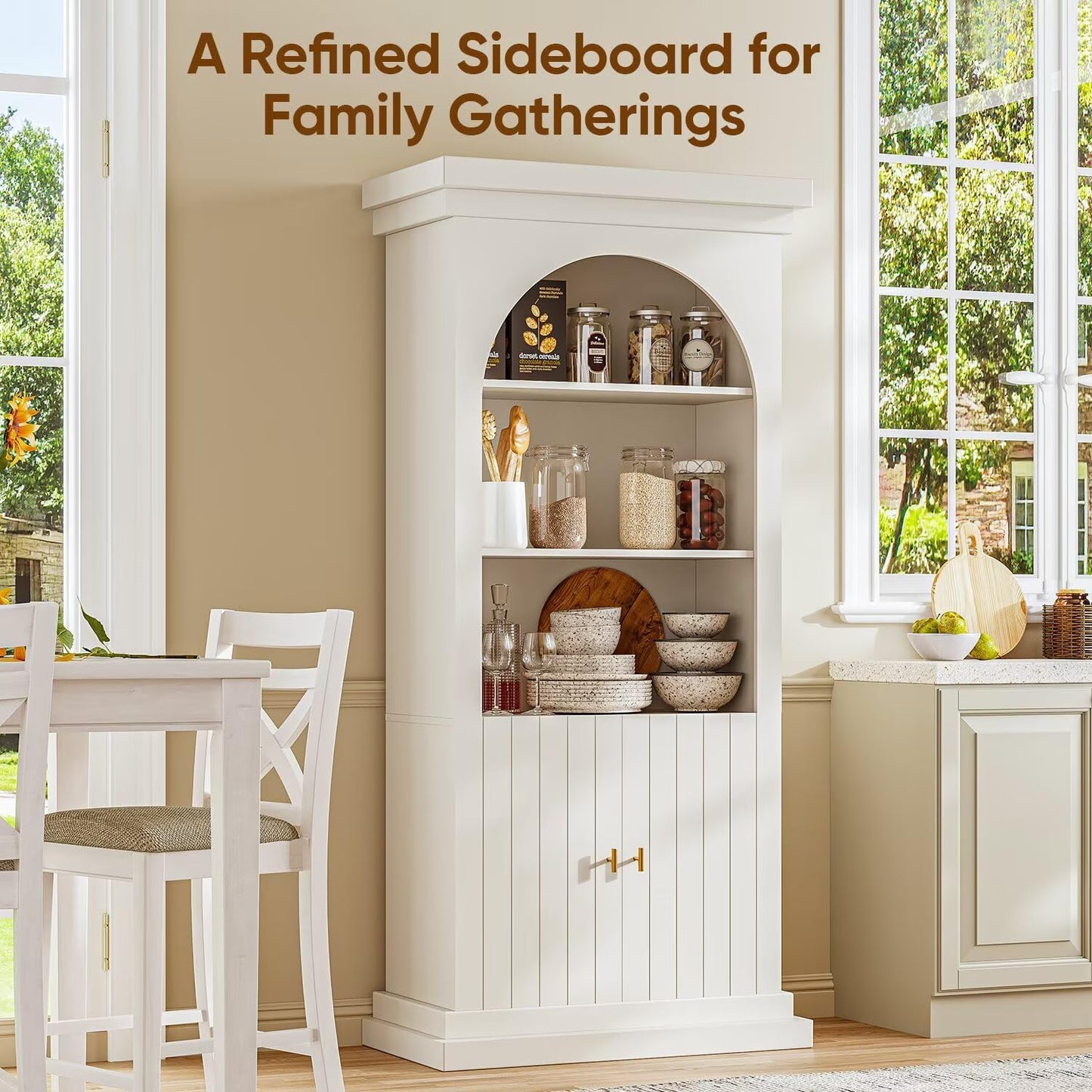 Vyre 71" Arched Kitchen Cabinet, Double Glass Door Display and Storage Cabinets with Drawers, Modern Pantry for Dining Room or Living Room, White with Gold Handles, 2 of Set