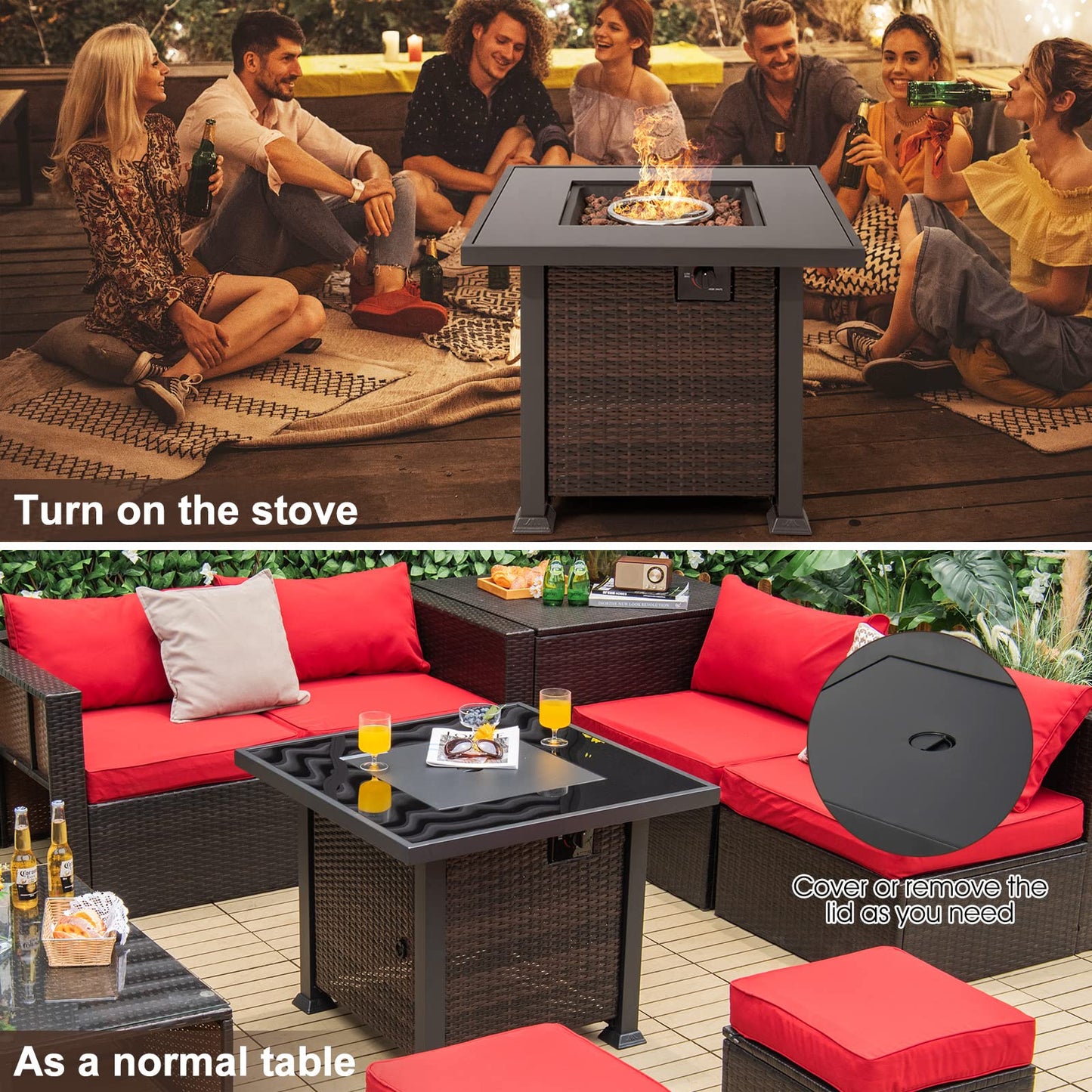 Tangkula 50,000 BTU Propane Fire Pit Table, Patiojoy 32 Inch Wicker Gas Fire Pit with Removable Lid and Lava Stone, Outdoor Square Rattan Fire Table with PVC Cover, Mix Brown