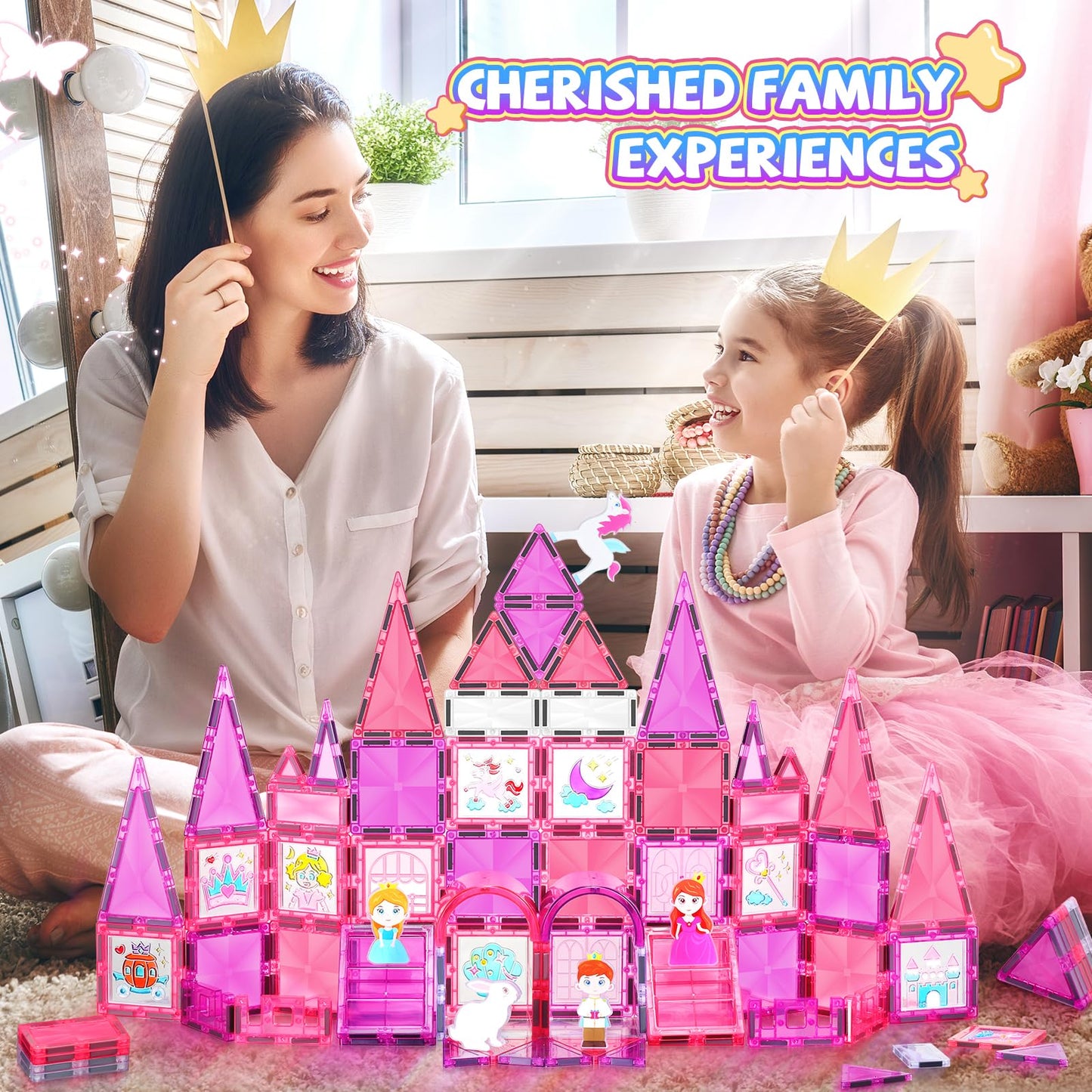W WISE BLOCK 101PCS Magnetic Blocks Set Including Cars and Accessories, Princess Magnet Building Tiles Sets, Castle Magnet Blocks STEM Toys for Girls Kids Ages 3 4 5 6 7 8 9+ Year Old