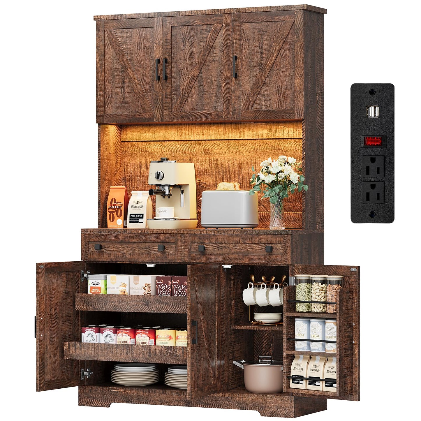 ELYKEN 71" Tall Ktchen Pantry Cabinet with Charging Station & LED Lights, Farmhouse Kitchen Hutch Cabinet with Large Countertop for Dining Room Living Room, Brown