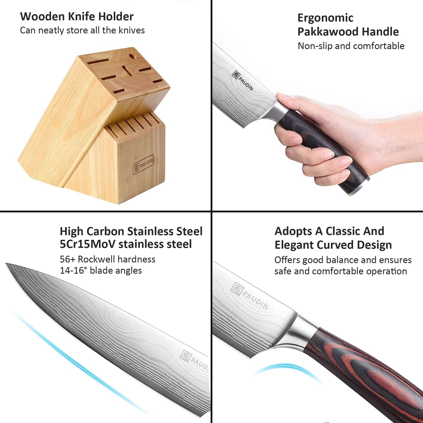 PAUDIN Kitchen Knife Set with Block, 14 Pieces Knife Sets for Kitchen with Block, High Carbon German Stainless Steel Sharp Chef Knife Set with Ergonomic Pakkawood Handle