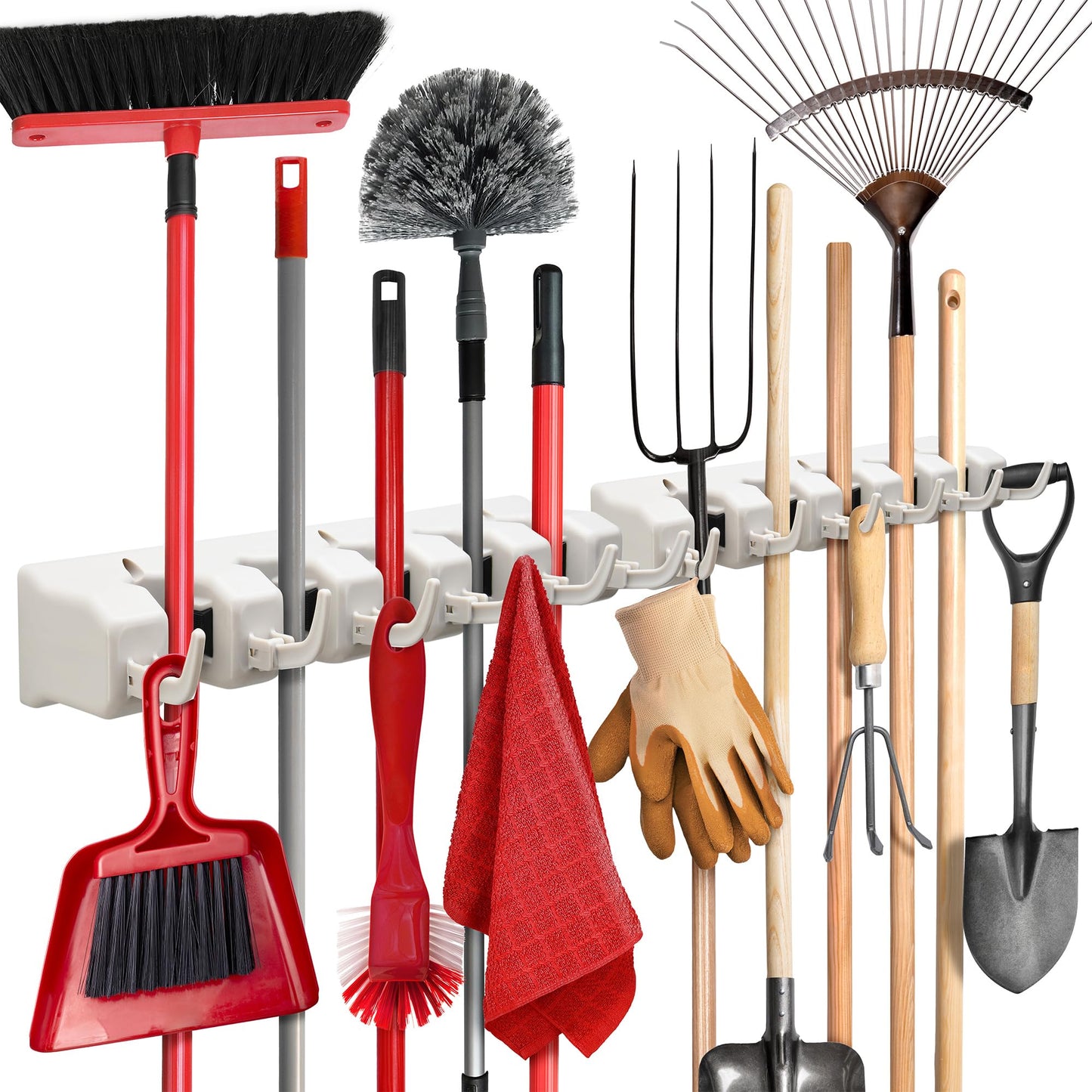 Home-it Mop and Broom Holder Wall Mount Garden Tool Storage Tool Rack Storage & Organization for the Home Plastic Hanger for Closet Garage Organizer (5-position)