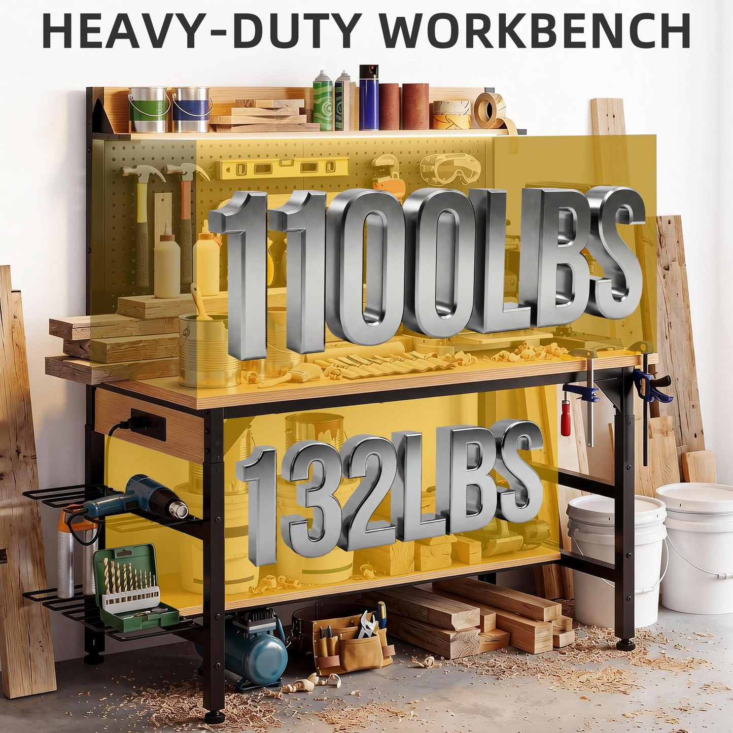 DWVO 47.2" Adjustable Height Workbench with Pegboard and Storage Shelf, Heavy Duty Work Bench with Wheels, Load 1100lb, Work Table with AC/USB Outlet, LED Light, Hooks, for Garage, Workshop, Home