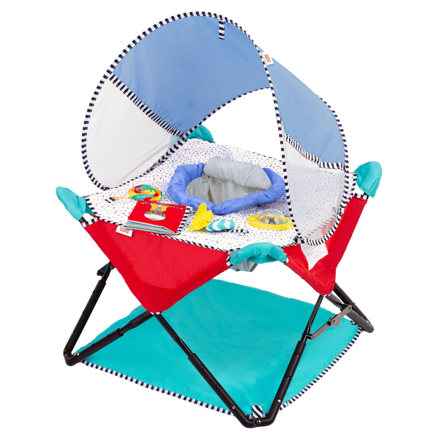 Bright Starts Pop 'N Jump Portable Baby Jumper, Foldable Indoor/Outdoor Baby Jumper with Sweet Treats with Sensory Activities, Ages 6–12 Months