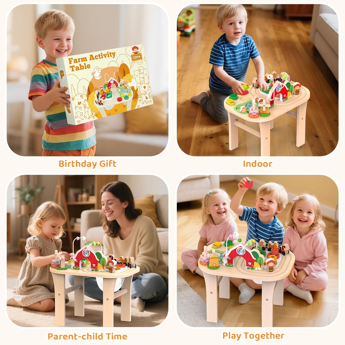 Weilim Montessori Activity Table for 1 Year Old — Wooden Sensory Table Baby Activity Center with Bead Maze, Shape Sorter, Train Track, Farm Toddler Toy, Educational Standing Play Toys, Kids 12+ Months