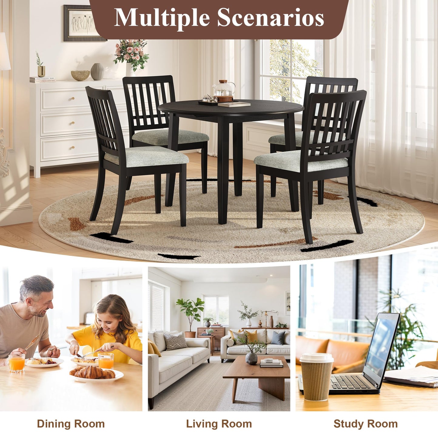 P PURLOVE 5 Piece Round Dining Set for 4, 1 Folding Wood Table and 4 Upholstered Chairs for Small Spaces, Apartments, Space-Saving Design (Black)