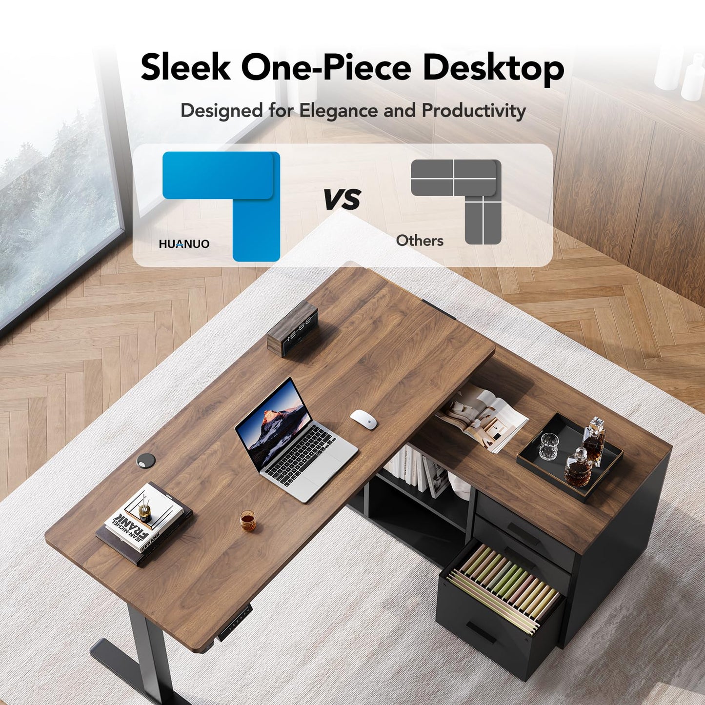HUANUO L Shaped Standing Desk, Electric Executive Desk with Drawers, Adjustable Height Stand Up Desk, 55″ x 23.6″ One-Whole Piece Desktop, Home Office Computer Desk with 4 Memory Presets, Walnut