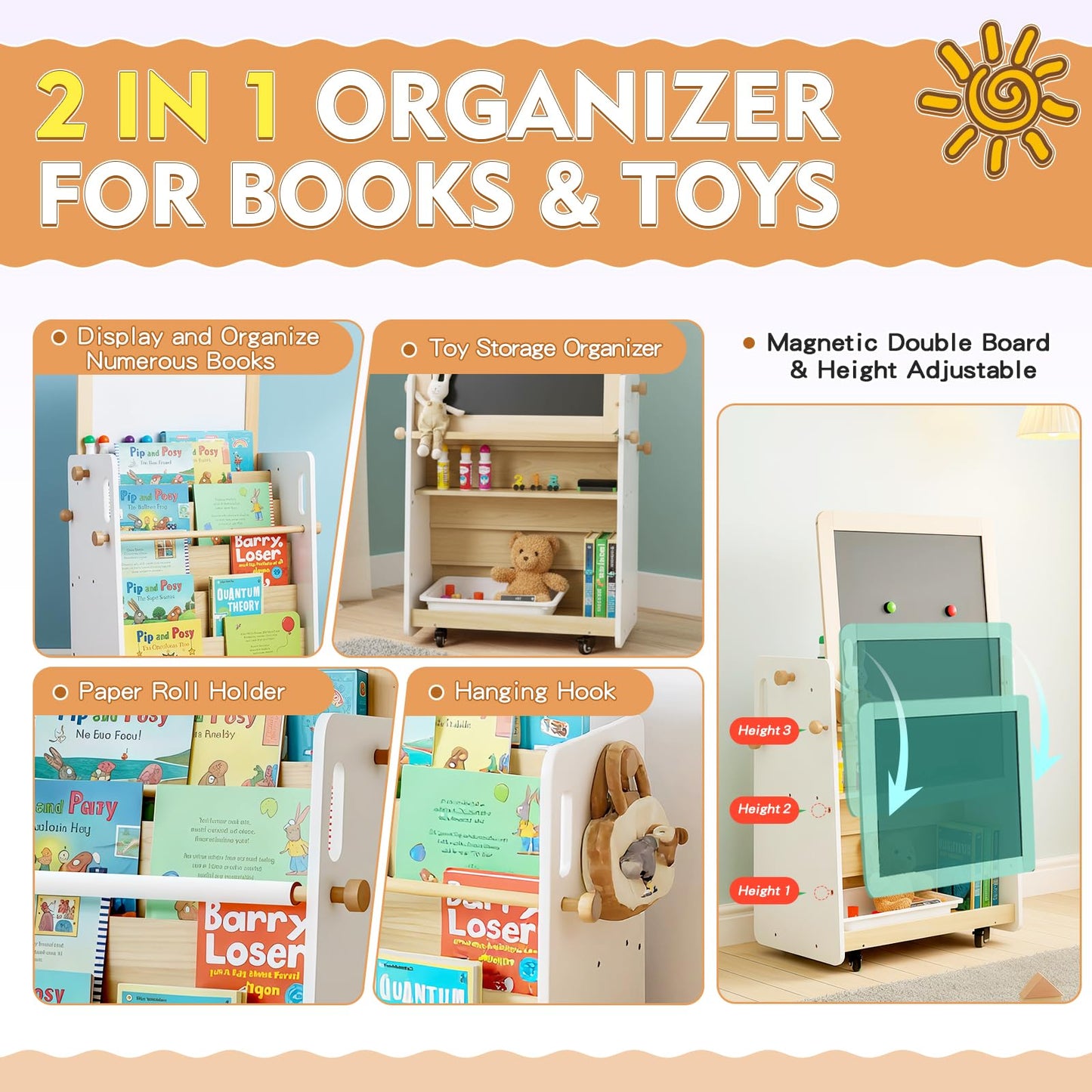 Kids Bookshelf & Easel & Toys Storage Organizer with Wheels, 3-in-1 Wooden Art Easels with Chalkboard & Whiteboard for Toddlers, 5-Tier Montessori Book Shelf for Kids Rooms, Bedroom, Nursery, Playroom