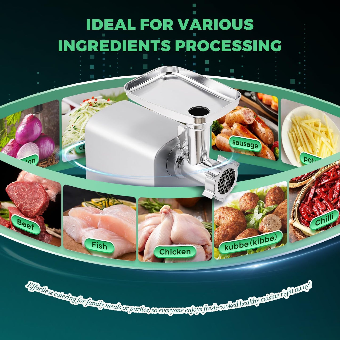 Huanyu Electric Meat Grinder 2800W Max Heavy Duty with 5 Sets of Stainless Steel Vegetable Shredder Blades, French Fry Blade, 3 Sausage Stuffers & Kubbe Kit Multifunctional for Home Kitchen Use