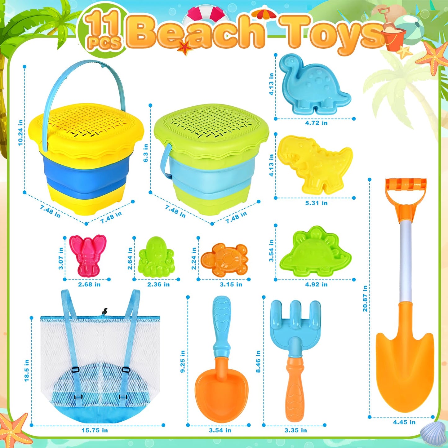 SpringFlower Beach Sand Toys for Kids, Sand Toys with 2 Collapsible Beach Bucket with Sifter Shovels Set with Mesh Bag and 6 Sand Molds, Foldable Beach Travel Beach Sandbox Toys, 11 PCS