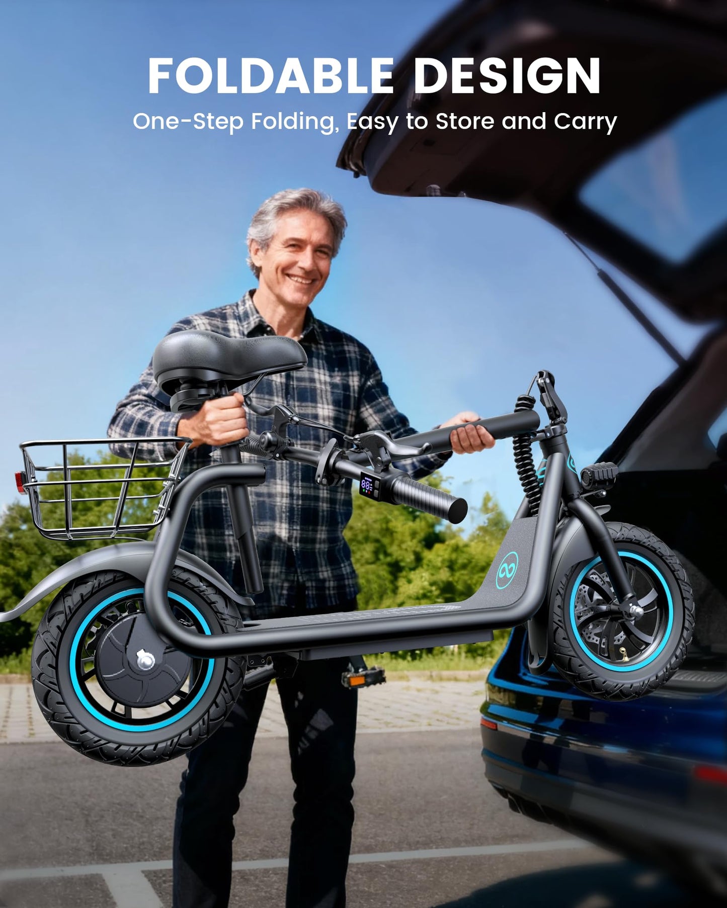 AWWSCOOTER C1 Electric Scooter with Seat for Adults, 450W Motor, 20-Mile Range, 16 MPH, Foldable Commuter E-Scooter with Basket for Grocery, Pets, and Daily Commute– Classic Black