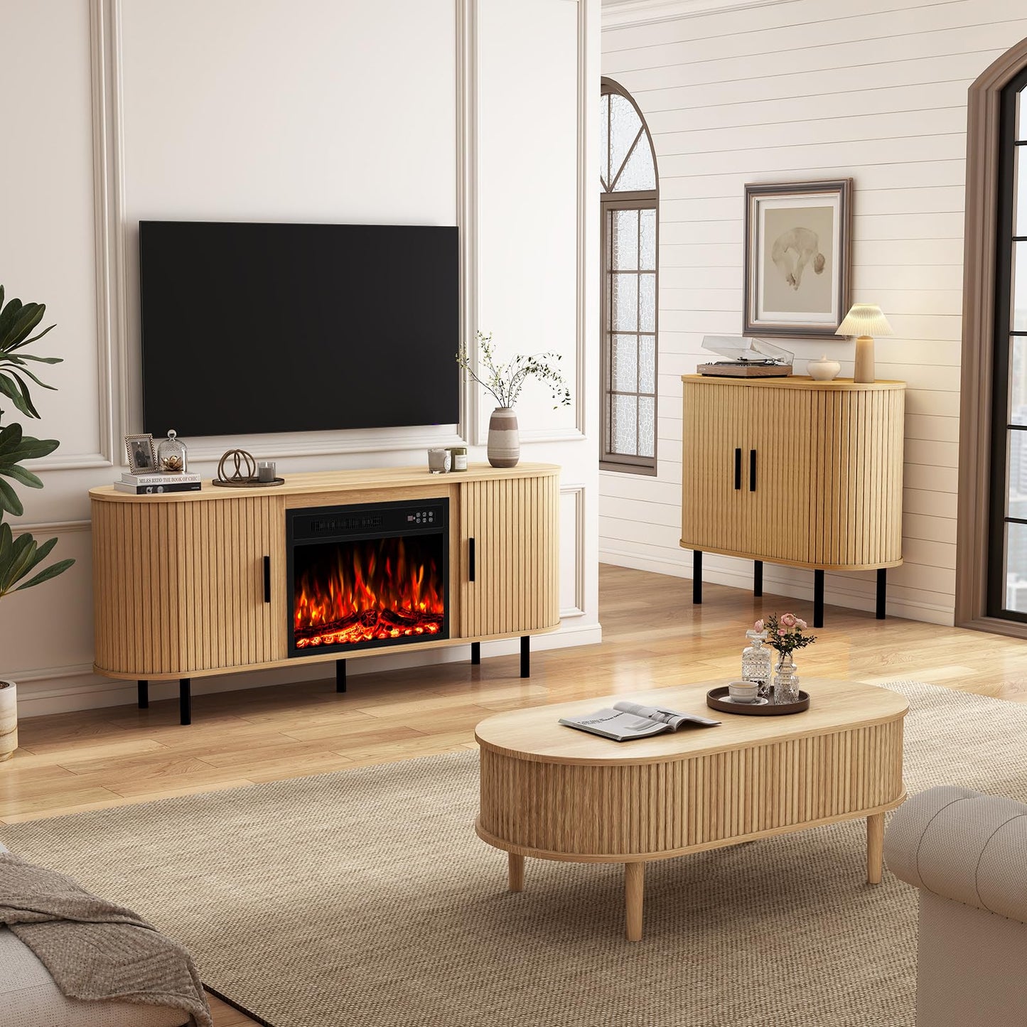 BREEZEHEAT 65'' Mid Century Modern Fluted TV Stand with 23" Fireplace, Curved Fireplace Entertainment Center for TVs Up to 75 Inches, Media Console Cabinet for Living Room/Bedroom, Oak Natural