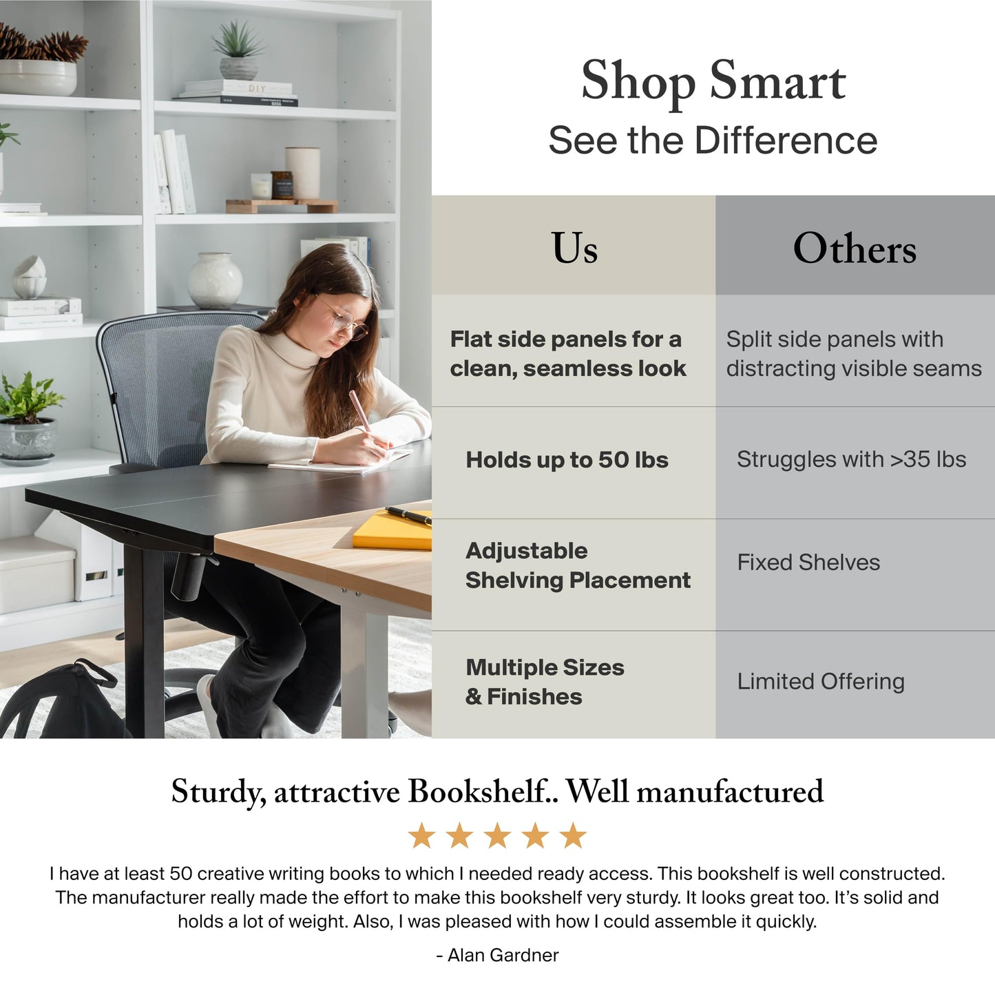 Bush Home Tall 5 Shelf Bookcase, Large Open Bookshelf, Sturdy Display Cabinet for Living Room or Home Office, Cabot Collection, Modern Gray