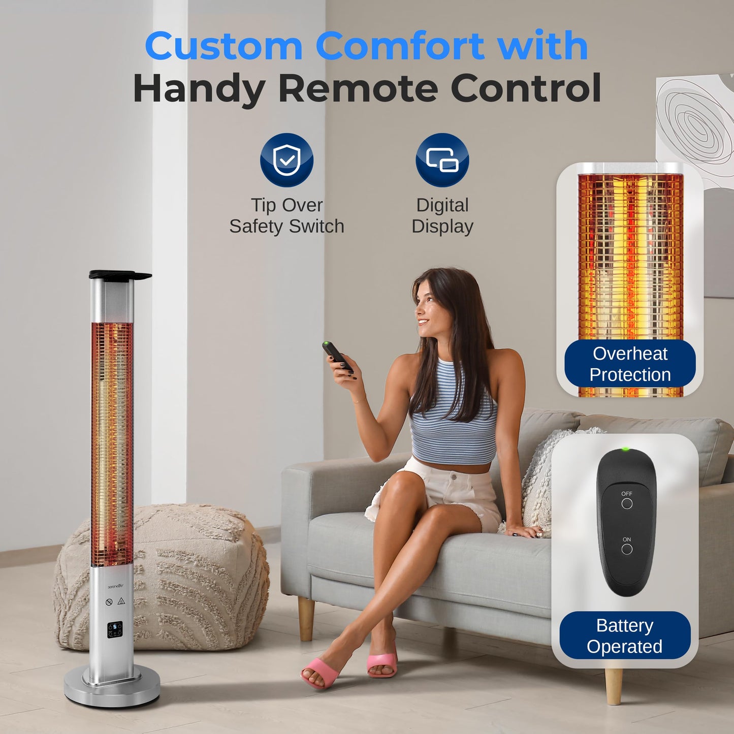 SereneLife Outdoor Electric Patio Heater - 1500W High-Efficiency Infrared Heating, Remote Control Standing Heater with Aluminum Reflector, Waterproof Design, IP65 Approved, Quiet Operation