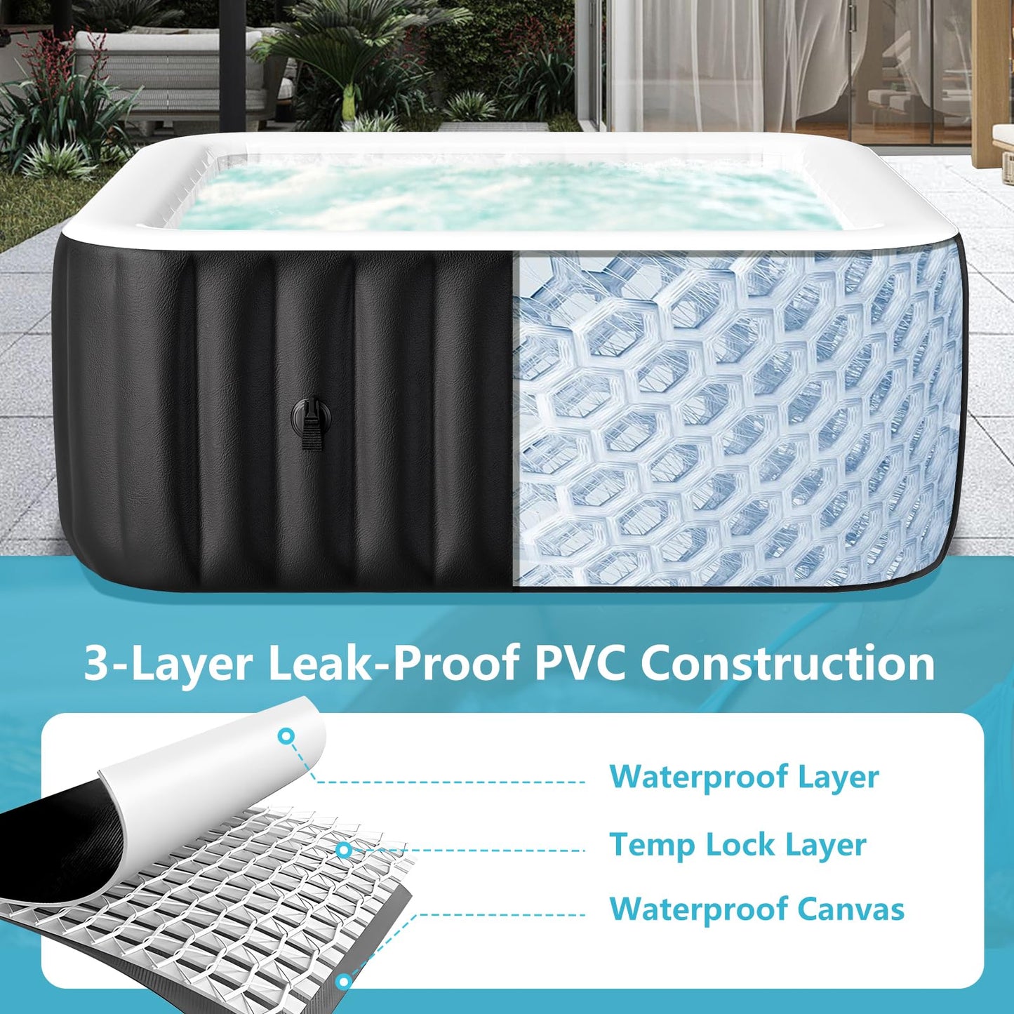 Inflatable Hot Tub, 240 Gal Large Square Portable Blow Up Hot Tub, 4-6 Person Leak-Proof PVC Outdoor Spa with 120 Air Jets, Heater Pump and Insulated Cover, 73x25 Inch