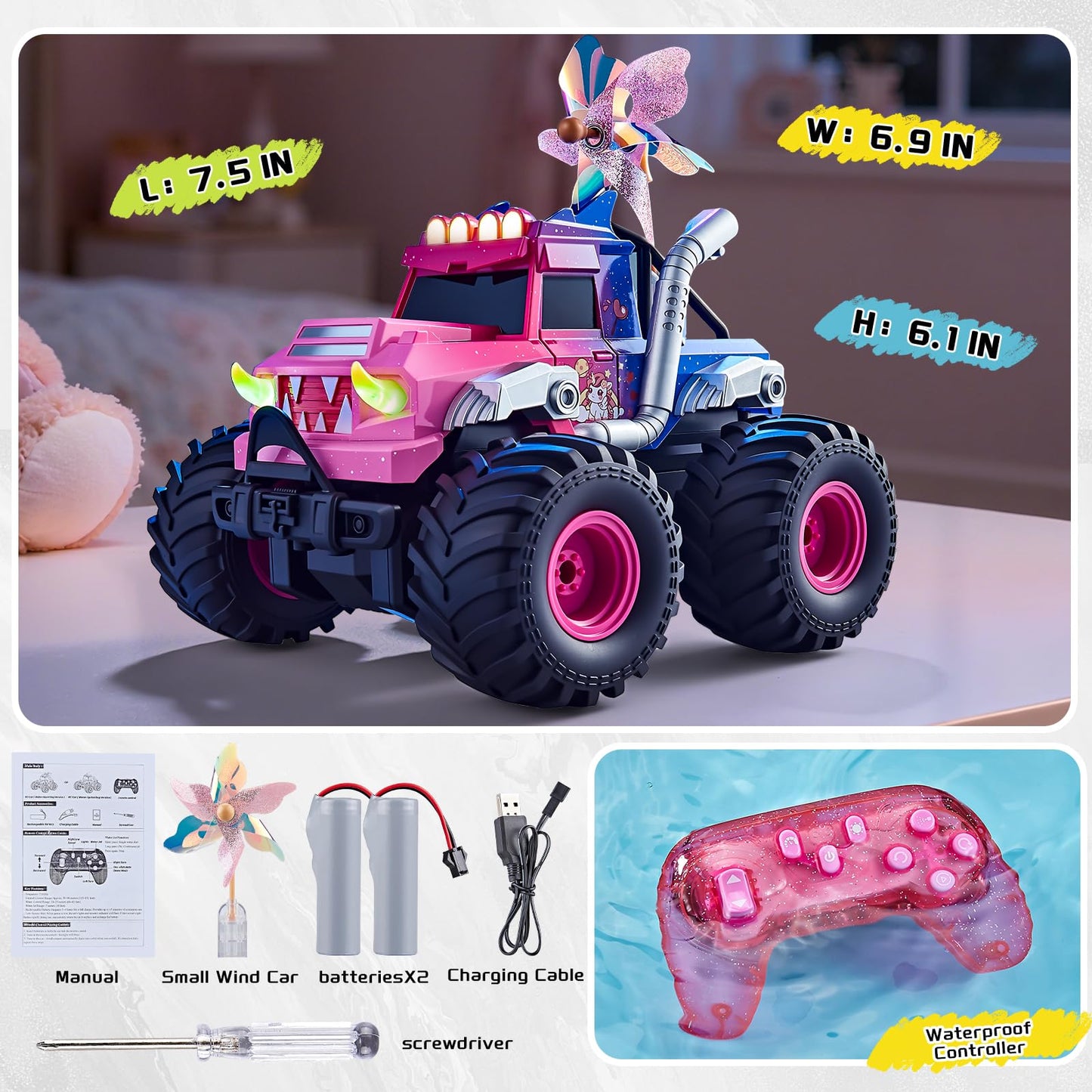 YEESWOOQI Remote Control Car for Girls, Waterproof Pink Monster Truck Toys W/Blocks & 360°Spin, 1:18 Amphibious RC Cars, 4WD All-Terrain Off-Road RC Trucks, Birthday Gifts Pool Toys for Kids Age 3-12