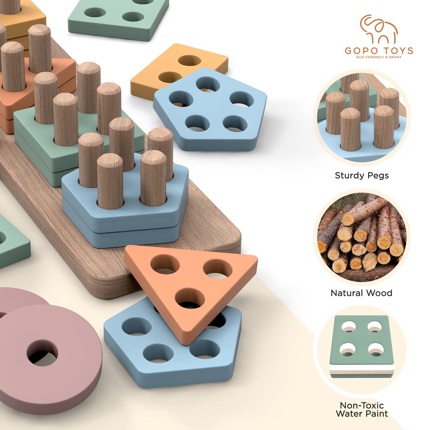 GOPO TOYS Montessori Toys for 1+ Year Old – Wooden Shape Sorter & Stacking Puzzle – Toddler Learning, Fine Motor Skills & Developmental Toy for Boys & Girls
