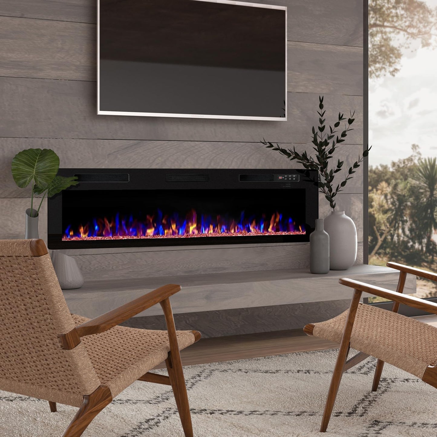 BOSSIN 72 inch Ultra-Thin Silence Linear Electric Fireplace, Recessed Wall Mounted Fireplace, Fit for 2 x 4 and 2 x 6 Stud, 12 Adjustable Flame Color & Speed,Touch Screen Remote Control with 8h Timer
