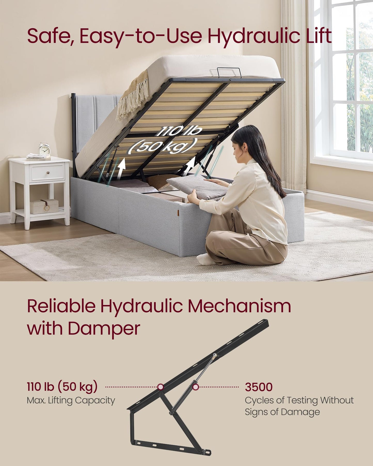 VASAGLE Lift Up Storage Bed Frame Twin Size, Hydraulic Platform Bed, with Upholstered Headboard, 550 lb Weight Capacity, No Box Spring Needed, Easy Assembly, Modern, Dove Gray URMB603G01