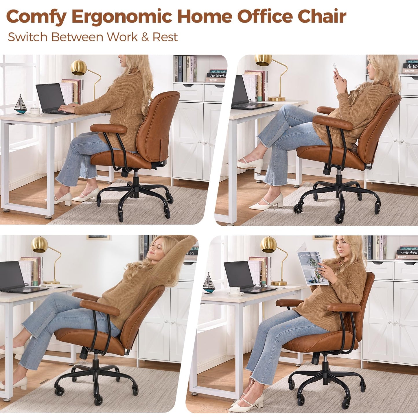 BEWISHOME Brown Leather Office Chair– Features Rubber Wheels and Lumbar Support Ergonomic Mid Century Modern Desk Chair with Adjustable Height, 360° Swivel for Home & Office