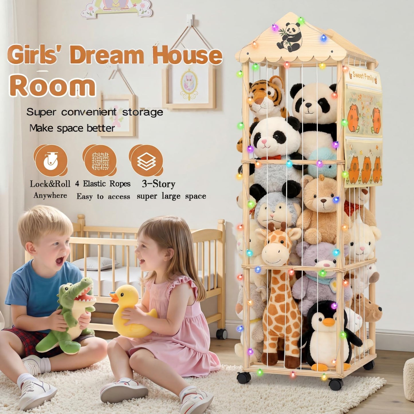 Stuffed Animal Storage, Extra Large Stuffed Animal Organizer with Wheels, Wooden Tall Animal Zoo Display Tower, Plushies Toy Holder with Lights and Pockets for Nursery, Playroom, Bedroom