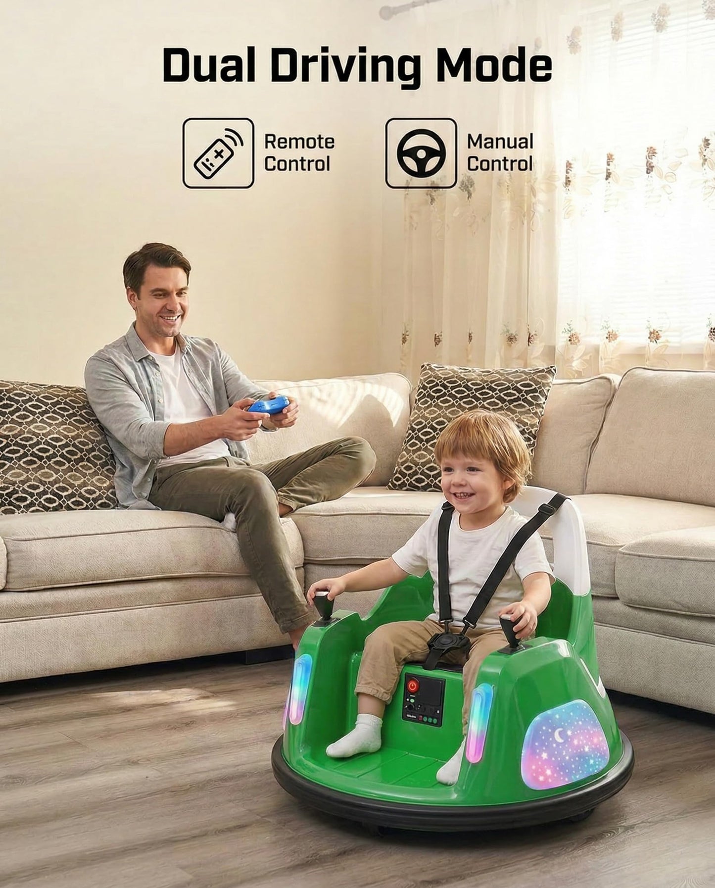 12V Bumper Car, Electric Ride on Toys for Toddlers & Kids 1-3 with Remote Control, 3-Speed, 360° Spin, Music, 5 Lighting Mode, DIY Stickers, Baby Toys Gift