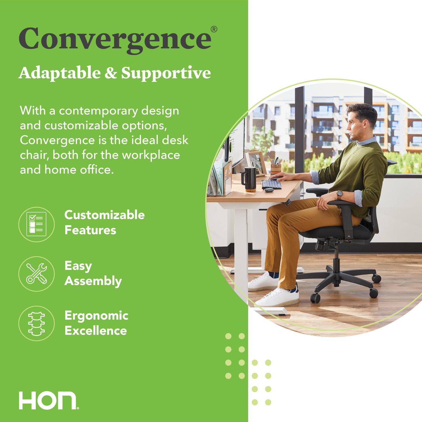 HON Convergence Ergonomic Office Chair, Breathable Back Support Mesh, Adjustable Arms, Computer Seating with Lumbar Support, Swivel Wheels, Synchro-Tilt Recline, Vinyl, Black