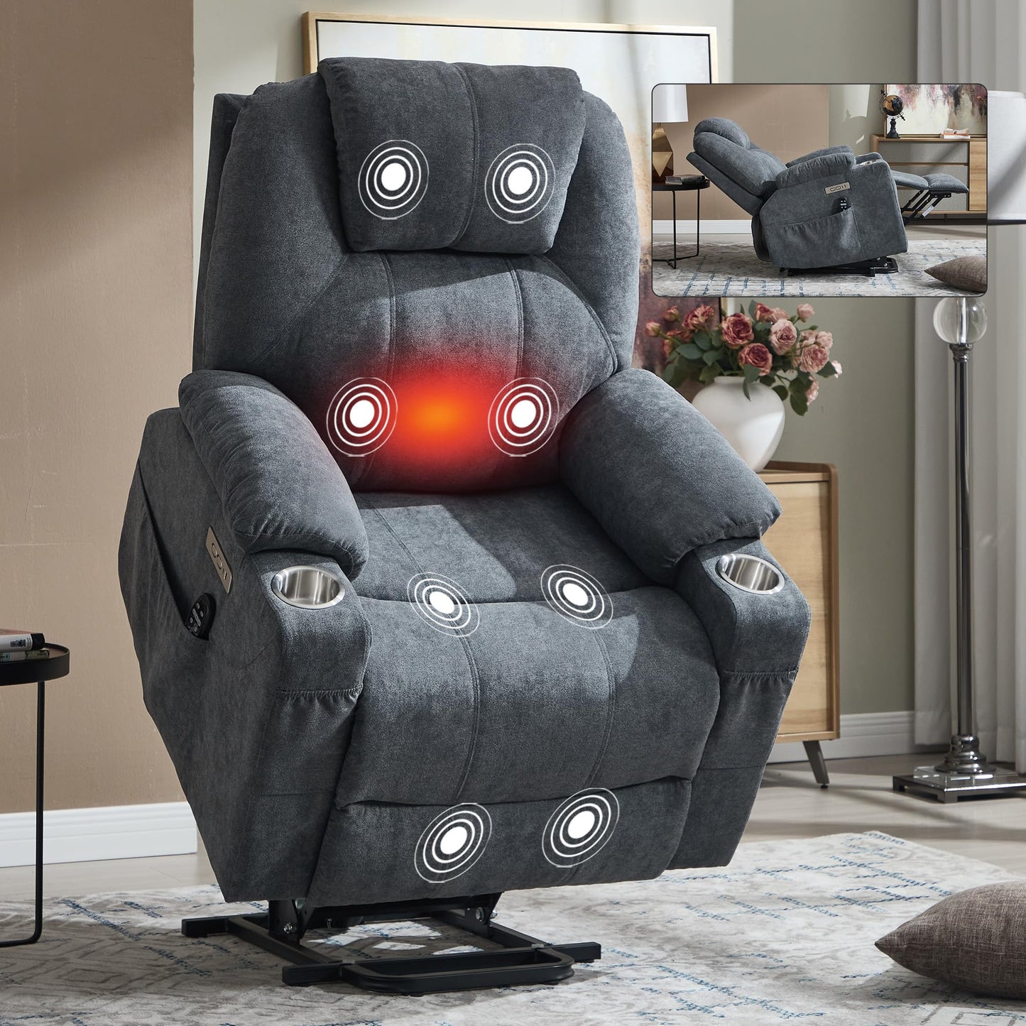 KEIKI Power Lift Recliner Chair with Massage and Heat, 8-Point Vibration, Lumbar Heating, USB/Type-C Ports, Cup Holders, Heavy Duty for Elderly and Adults, Polyester Fabric