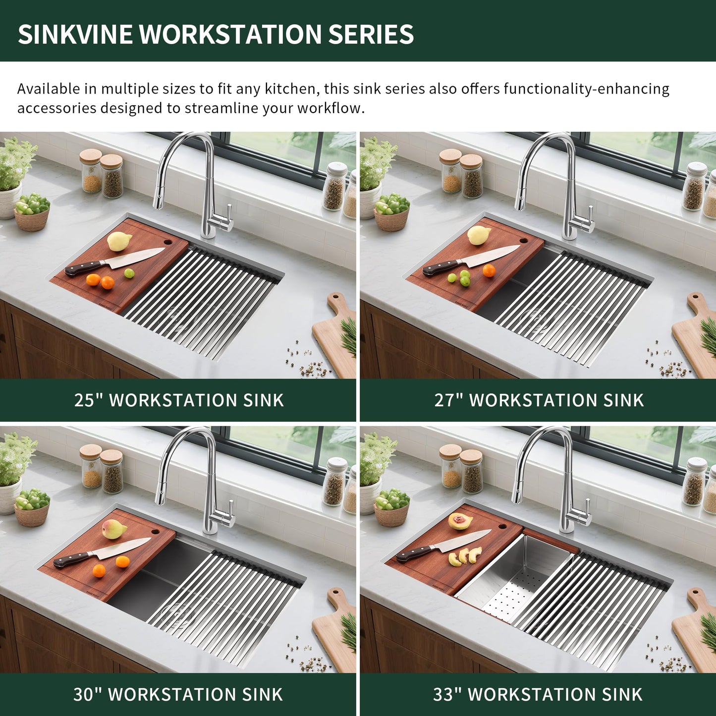 27-inch Undermount Kitchen Sink Workstation, SINKVINE 25x19 Outdoor Sink BBQ, Stainless Steel Single Bowl Basin w/Sapele-Wood Cutting Board, SST Colander w/Wood Handle, and Roll-up Dish Drying Unit