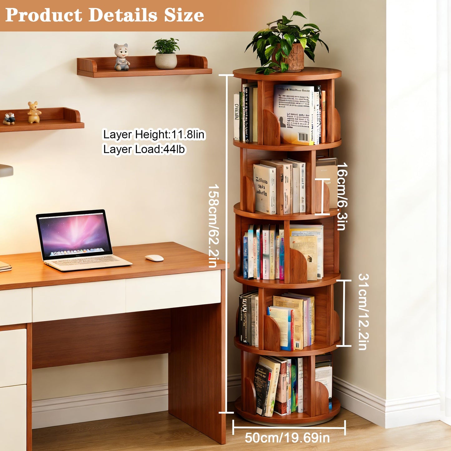 JIANXINGHOOM 5-Tier Rotating Bookshelf,Rolling Bookcase with 360° Spin for Small Spaces, Corner Revolving Organizer for Home Office, Bedroom, Kids Room Walnut Finish