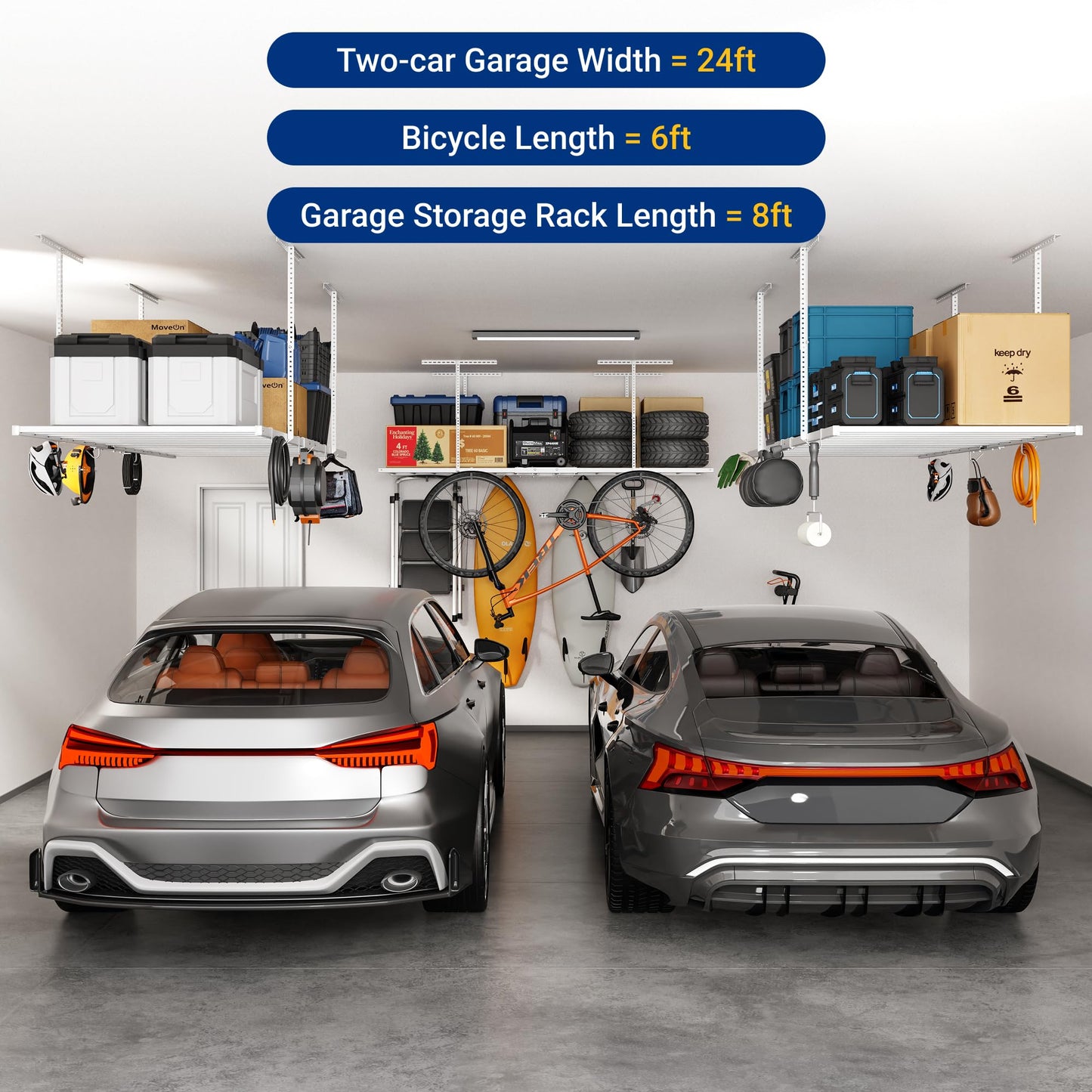 FLEXIMOUNTS 4x8 Overhead Garage Storage Rack with 6 Hooks, Adjustable Storage Organization System, Heavy-Duty Metal Ceiling Racks, 22.6" -39.4" Ceiling Dropdown, Lite Series