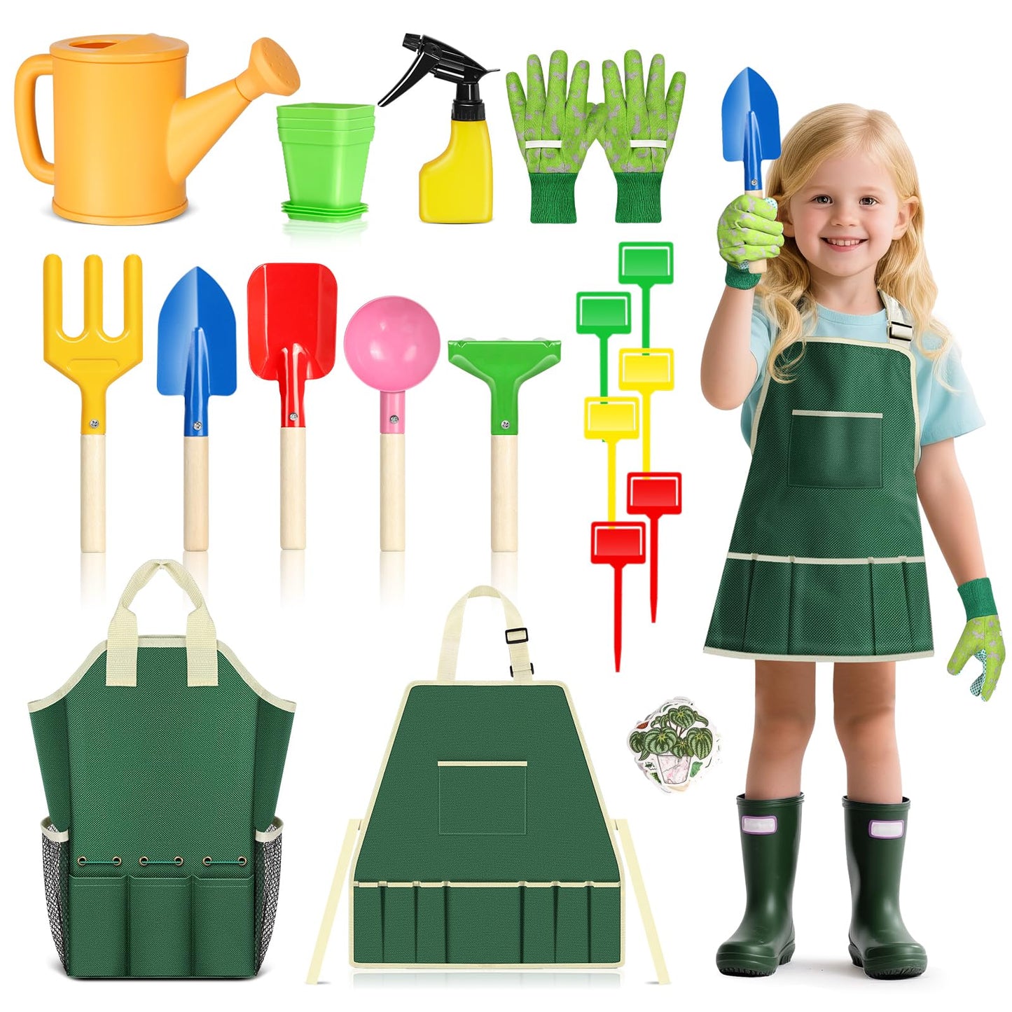 Kids Gardening Tool Set, 20PCS Gardening Toys Includes Metal Rake,Fork,Trowel,Apron,Gloves,Watering Can,Tote Bag, Garden Tool Kit for Kids, Outdoor Toys Gift for Boys Girls