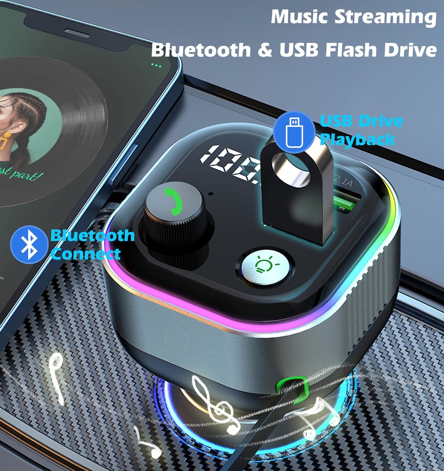 LIHAN Bluetooth 5.4 Car Adapter, Transmitter for FM Radio,65W Retractable USB C Fast Car Charger, Wireless Audio Hands Free Calling & MP3 Music Player, HiFi Bass Support USB Drive