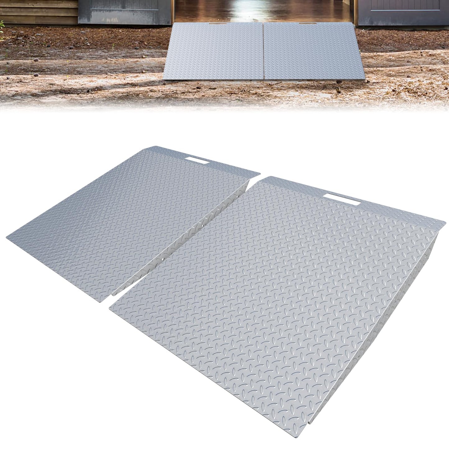 Shed Ramp 29" x 48" 2 Pack, 750 lbs Capacity Portable Ramp for Riding Mower, Lawn Mower, Motorcycle, Garden Cart, and Wheelchairs (29" L×48" W 2 Pack)