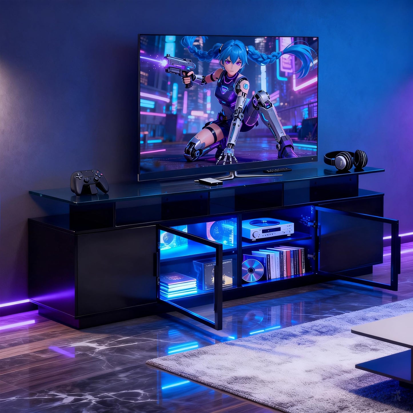 ansefe 70 Inch Black TV Stand with LED Lights, Power Strips, and USB Charging Station for Mobile Phones, Transparent Glass Door Storage Cabinet, Entertainment Center with Large Storage Space