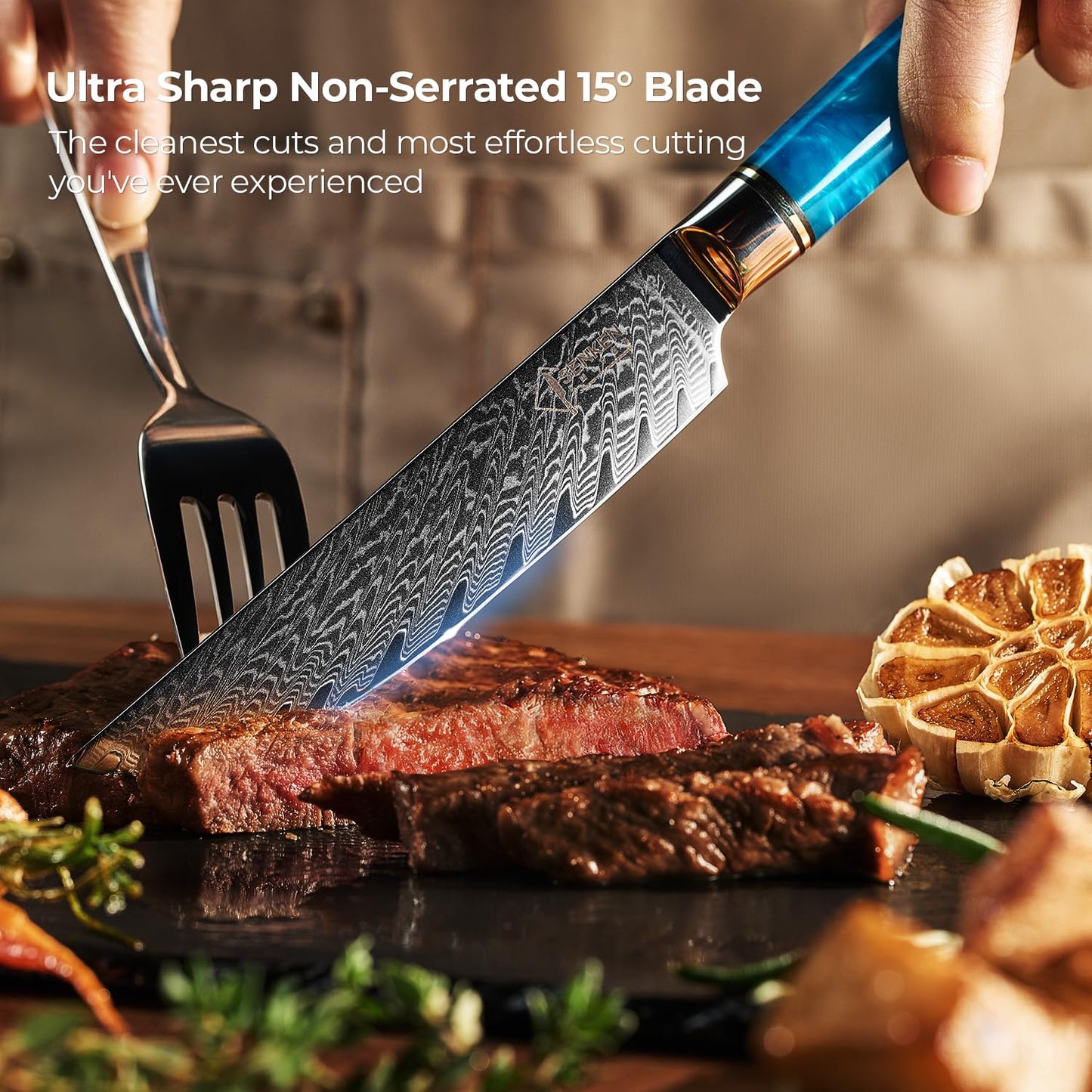SENKEN Damascus Steak Knife Set - Tsunami Collection - 67-Layer Japanese VG10 Steel - Razor Sharp Non-Serrated Blades, Blue Resin & Natural Wood Pattern Handles, Luxury Gift Box (4 Steak Knife Set)