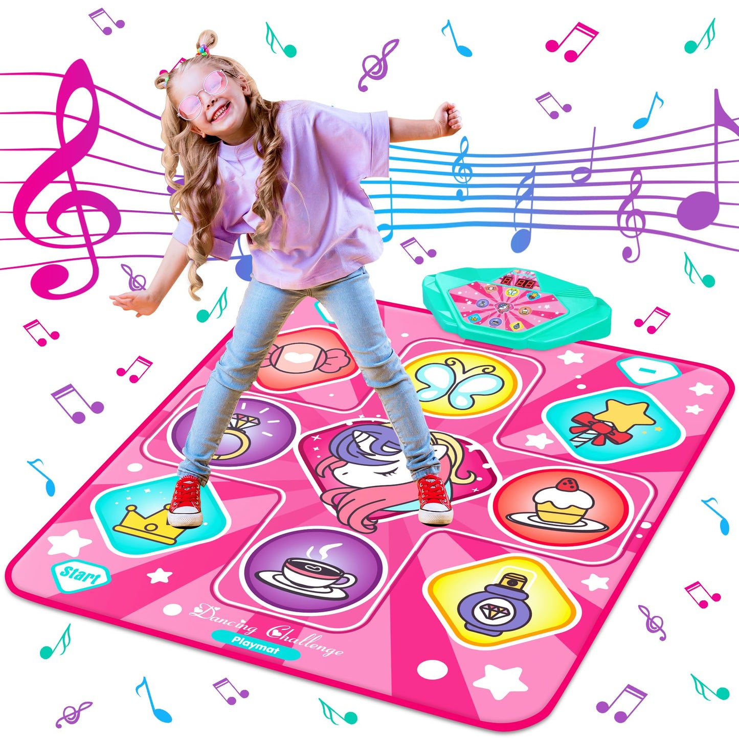 Kusntin Dance Mat, Dance Mixer Rhythm Step Play Mat, Pink Dance Pad with LED Lights, Adjustable Volume, Built-in Music, 5 Game Modes, Xmas Birthday Gifts for 3-10 Years Girls Toys (Multicolor)