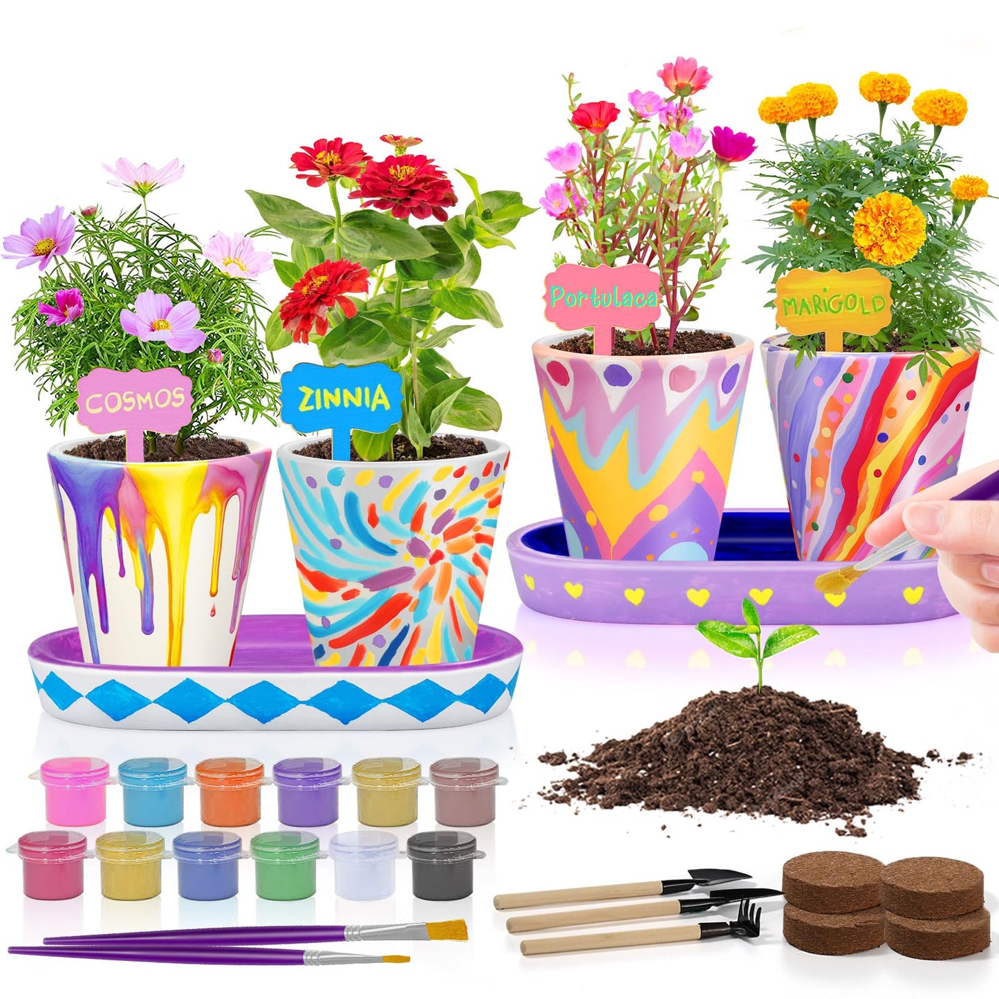 4 Set Paint & Plant Flower Gardening Kit - Gifts for Girls Ages 8-12, Arts and Crafts for Kids Ages 8-12, Kids Gardening Set, Birthday Toys Gifts for Girls Boys Ages 4 5 6 7 8 9 10 11 12