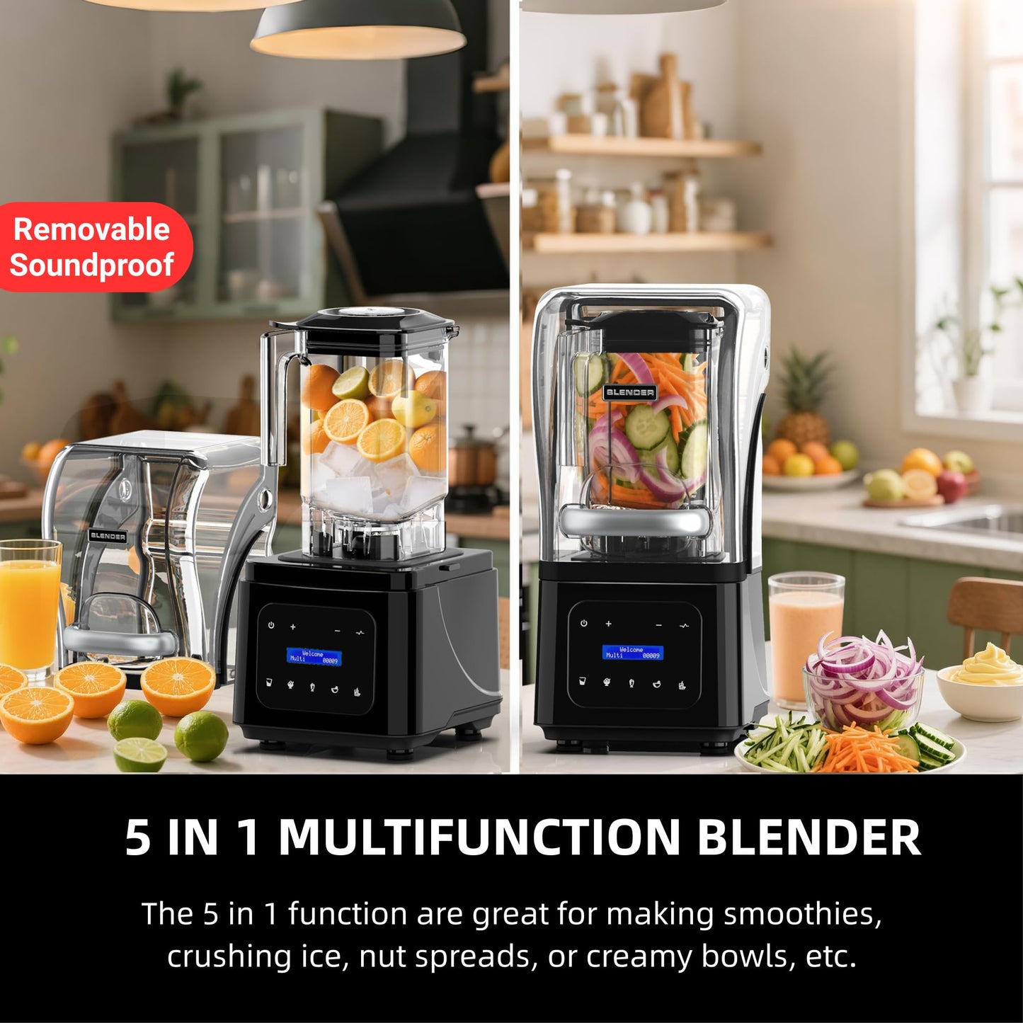 Professional Commercial Blender for Kitchen, Heavy Duty Quiet Shield, 2200W Motor, 6 Food Grade Blade, 60 Oz Pitcher, 5 in 1 Functions Countertop Blender for Ice Crush, Smoothies, Shakes, Spreads