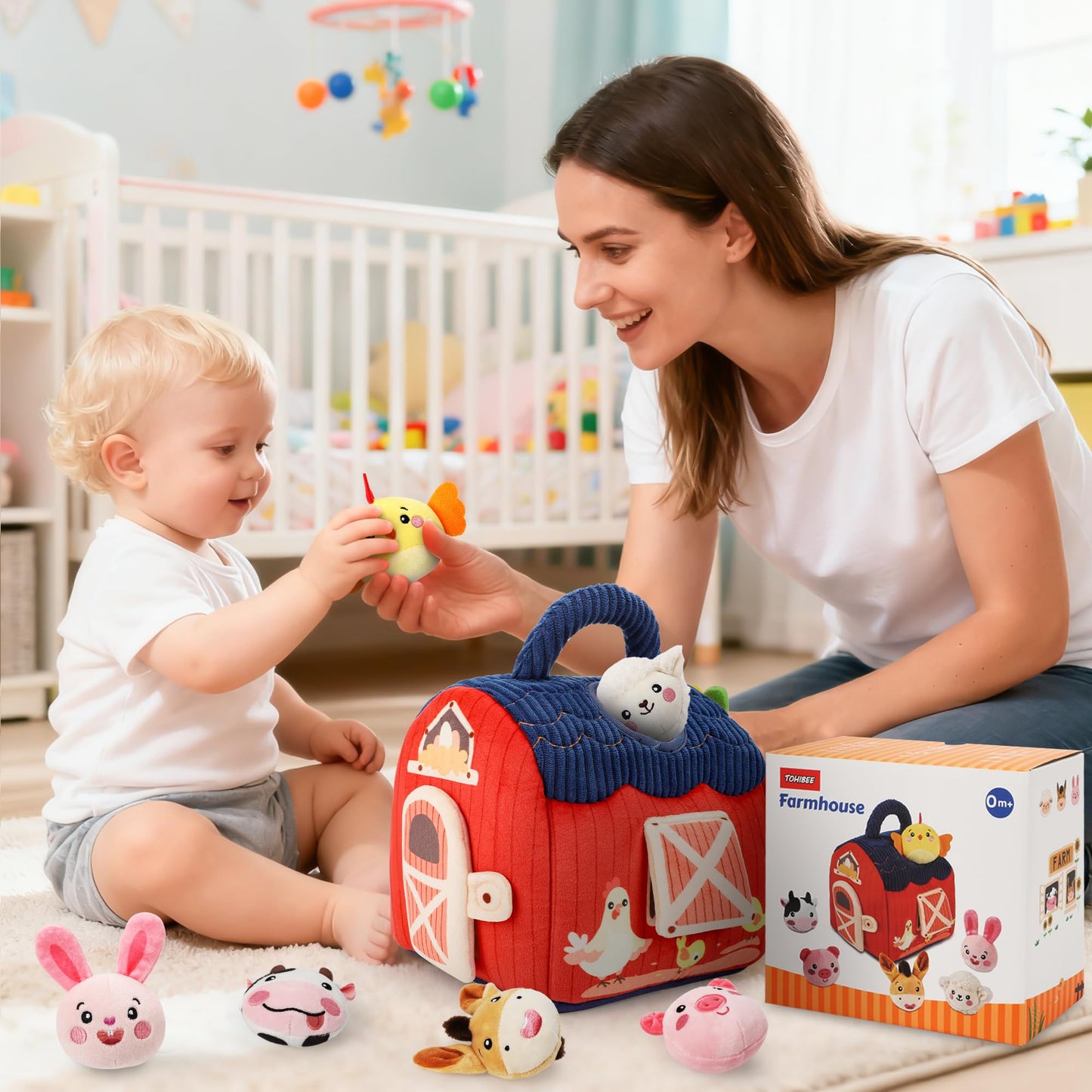 Baby Toys 6-12 Months - Soft Plush Surprise Barn Stuffed Farm Animals, Rattle, Crinkle, Mirror, Montessori Toys for Babies Sensory Toys for Toddlers 1-3, Baby Stocking Stuffers
