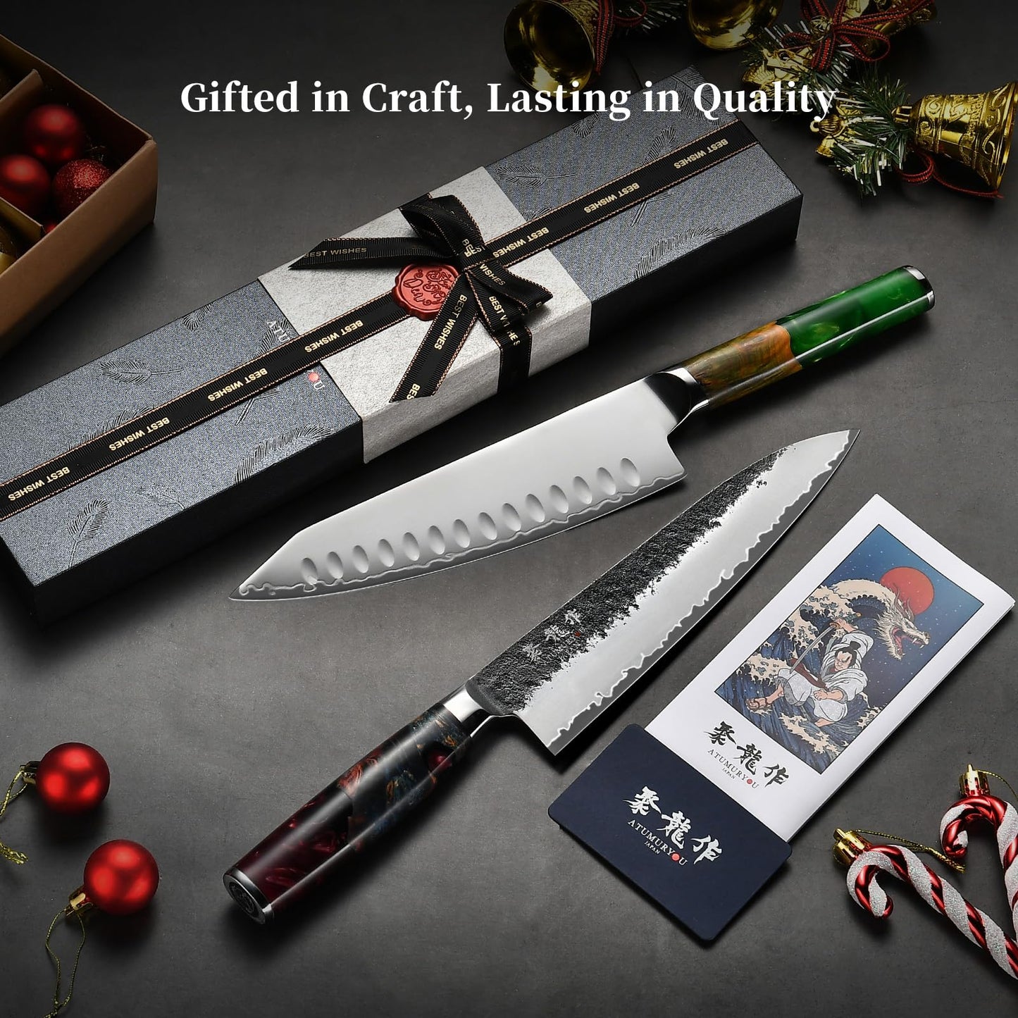 Japanese Chef Knife with SG2 Powder Steel, 8 Inch Professional Kitchen Knives, Handcrafted Kiritsuke Knife with Unique Jade Green Ergonomic Handle, Superior Edge Retention & Exceptional Durability