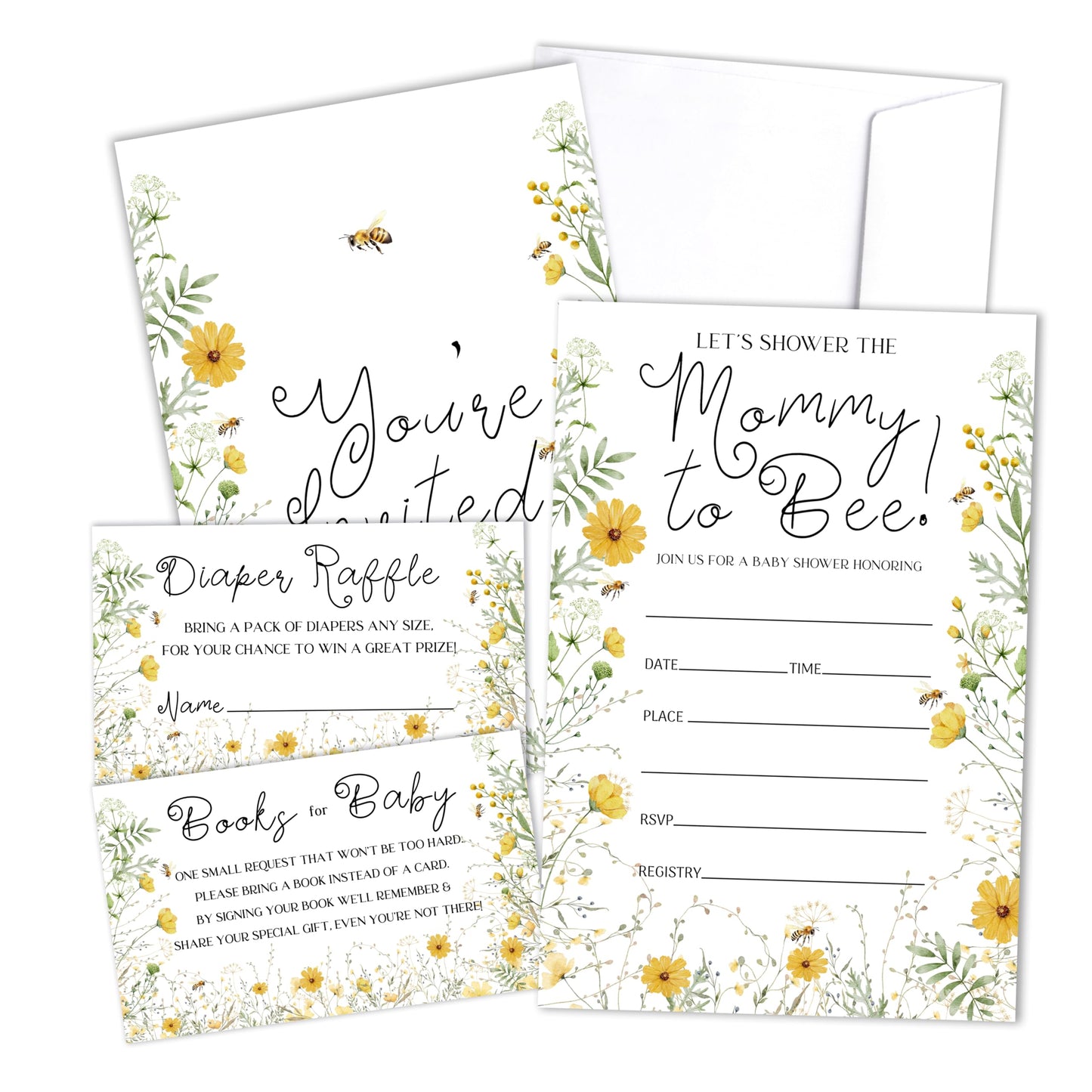 Mommy To Bee Baby Shower Invitation With Envelopes, Diaper Raffle Tickets, Books Request Cards, Honey Bee Baby Shower Decorations Supplies Favors Set, Gender Reveal Party Invites, 25 Cards Each -06