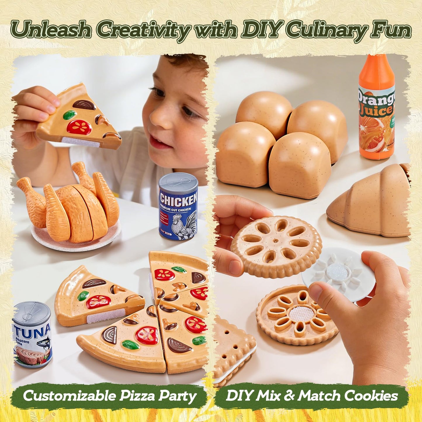 LAUGIGLE 86Pc Wheat Straw Play Food for Kids Kitchen-Toy Food with 2 Baskets & Picnic Blanket, Realistic Cutting Pizza, Grocery Cans, Pretend Play Kitchen Accessories & Toddler Toys for Boys Girls 3+