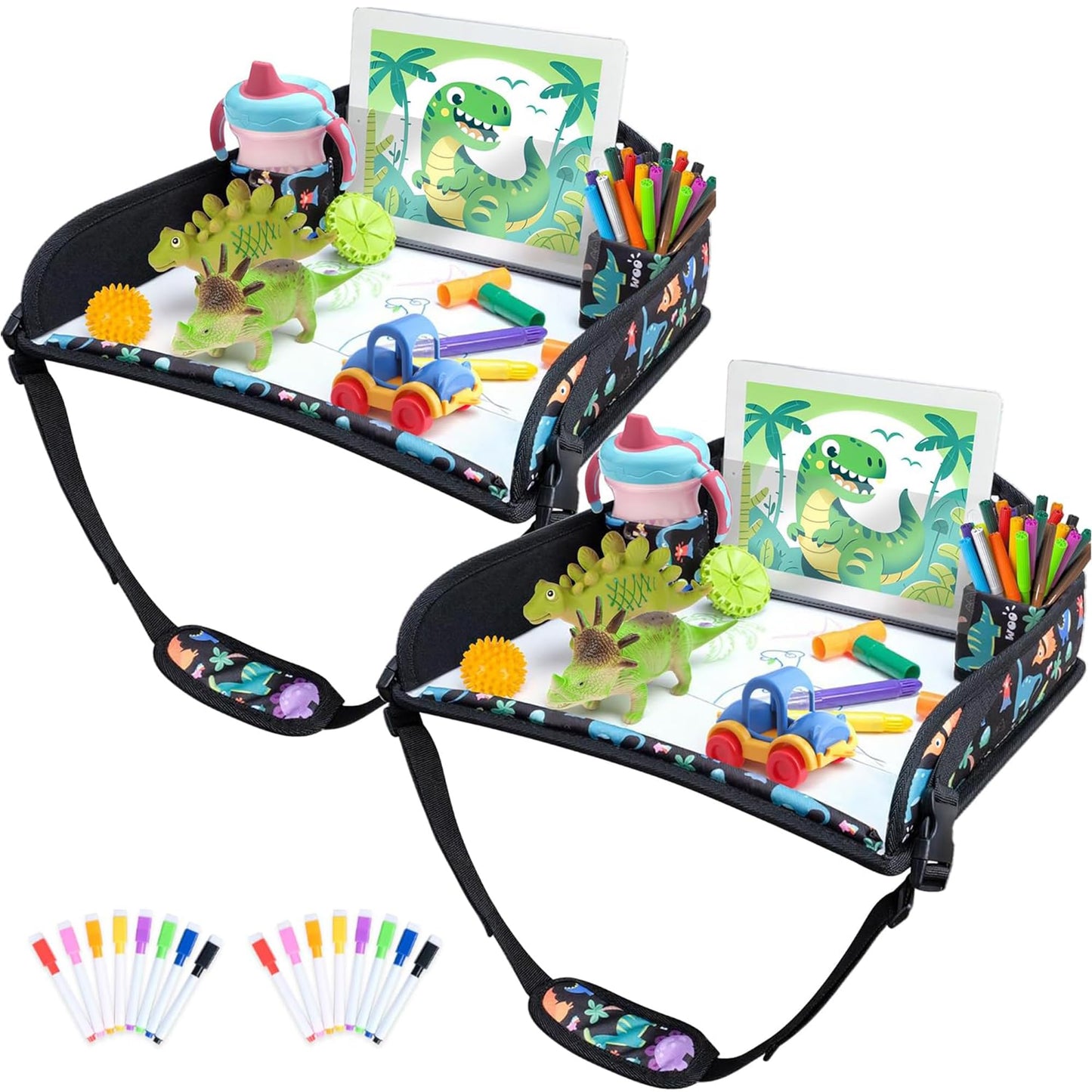 AZAMIA 2Pcs Kids Travel Tray for Toddler Carseat, Road Trip Activities Essentials for Toddler, Kids Lap Desk Tray with Tablet Holder Stand ＆ Dry Erase Board (Dinosaur-2Pcs)